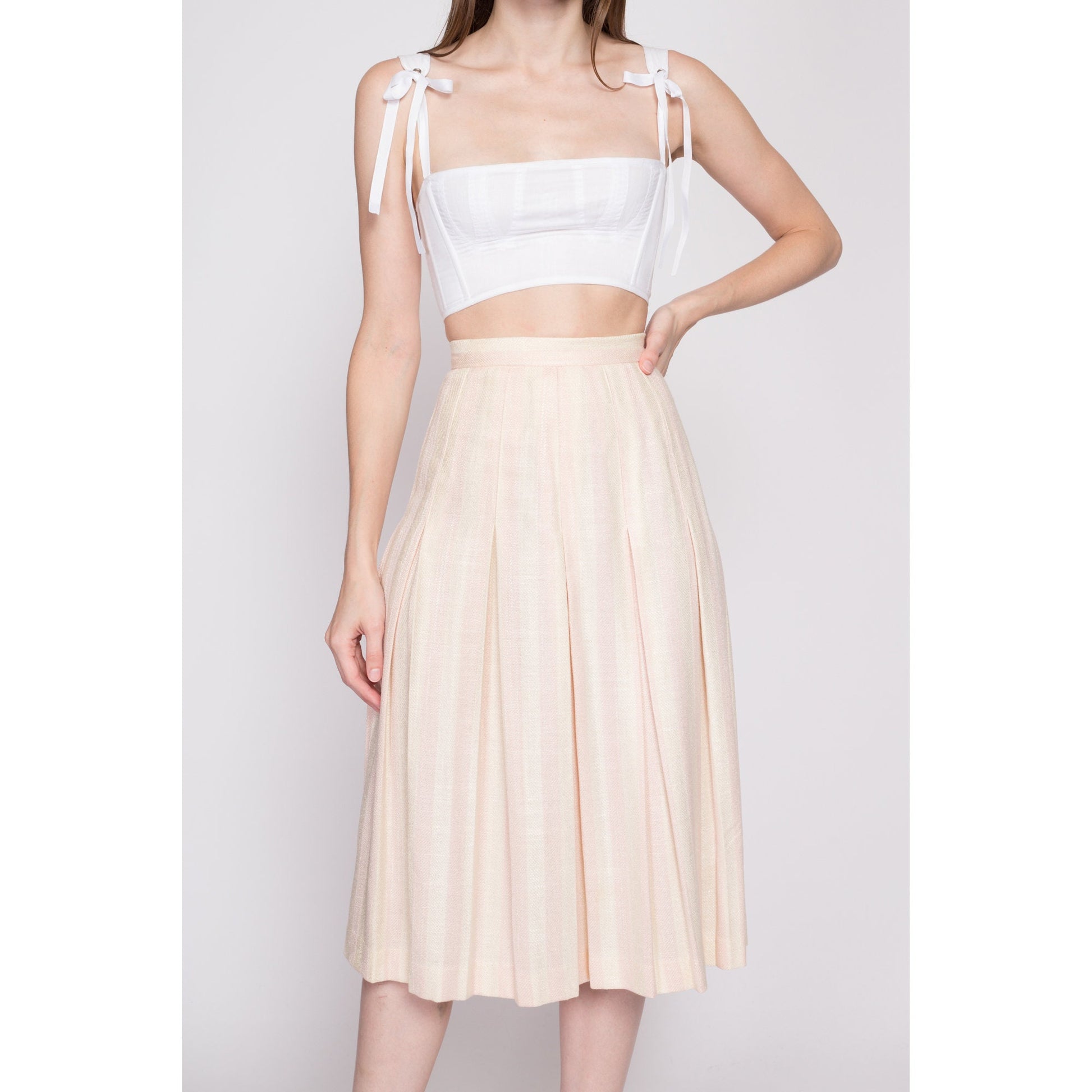 80s Pastel Striped Pleated Midi Skirt - Extra Small, 23.5" | Vintage Micki Pink Yellow High Waist Preppy Schoolgirl Skirt