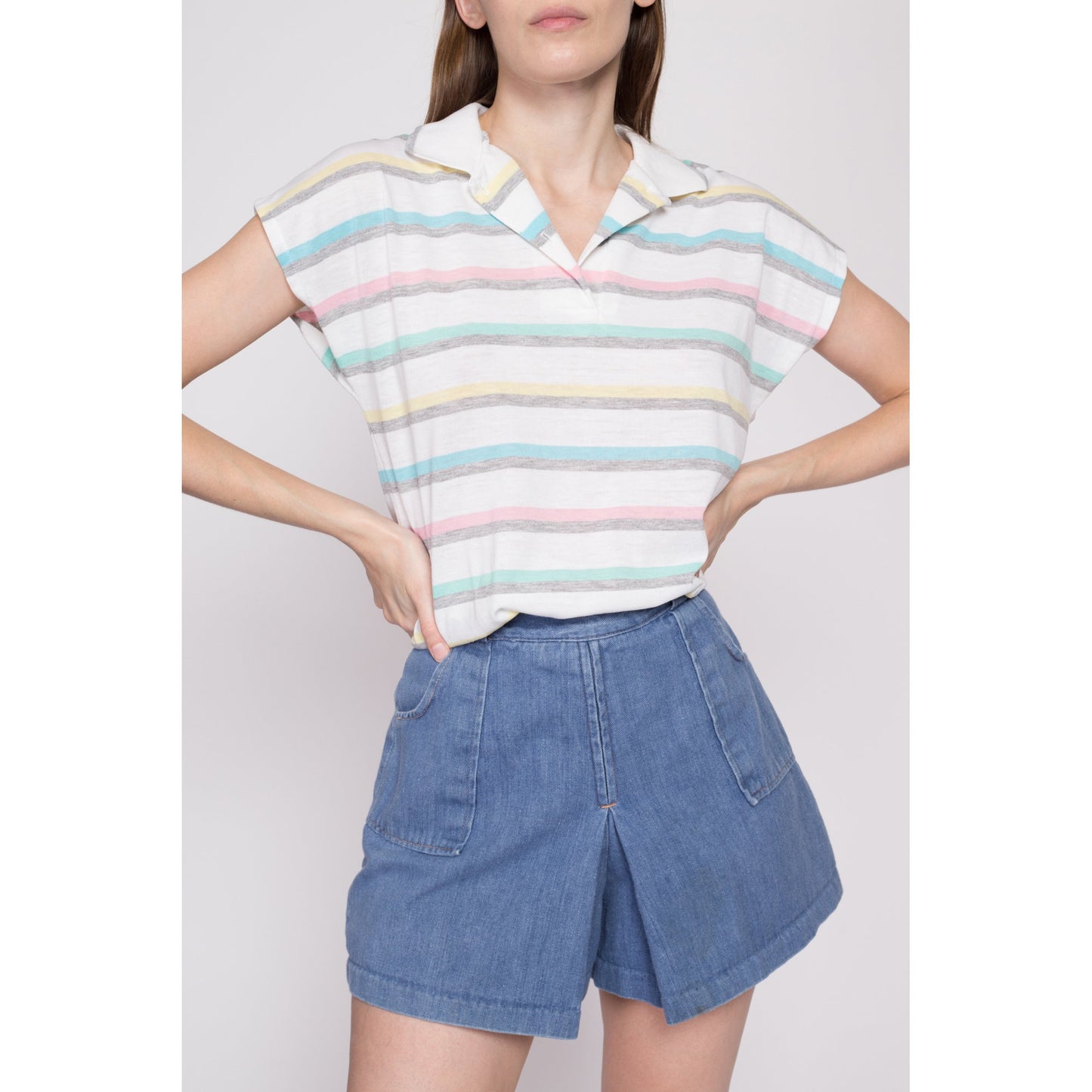 80s Pastel Striped Polo Shirt - Medium to Large | Vintage Cap Sleeve Collared Retro Top