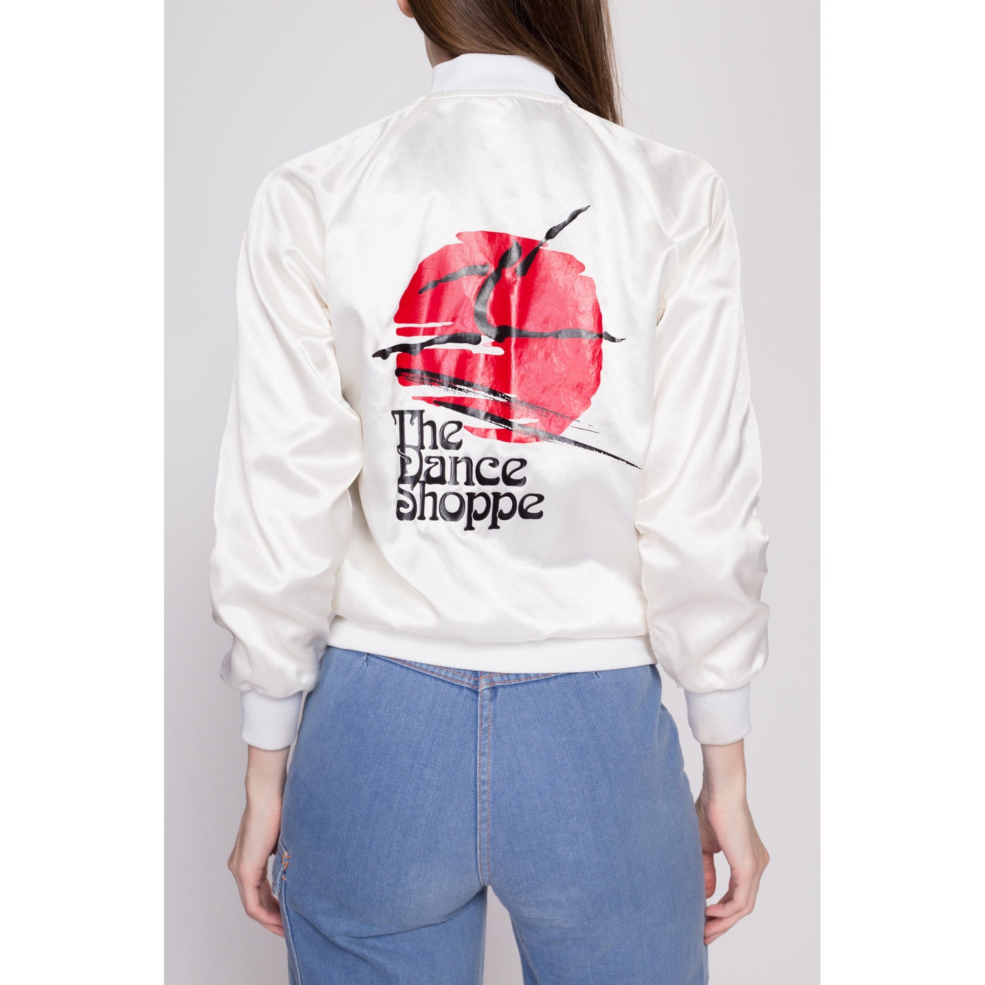 80s The Dance Shoppe Cropped Satin Varsity Jacket - Petite XS | Vintage White Snap Button Windbreaker Coat