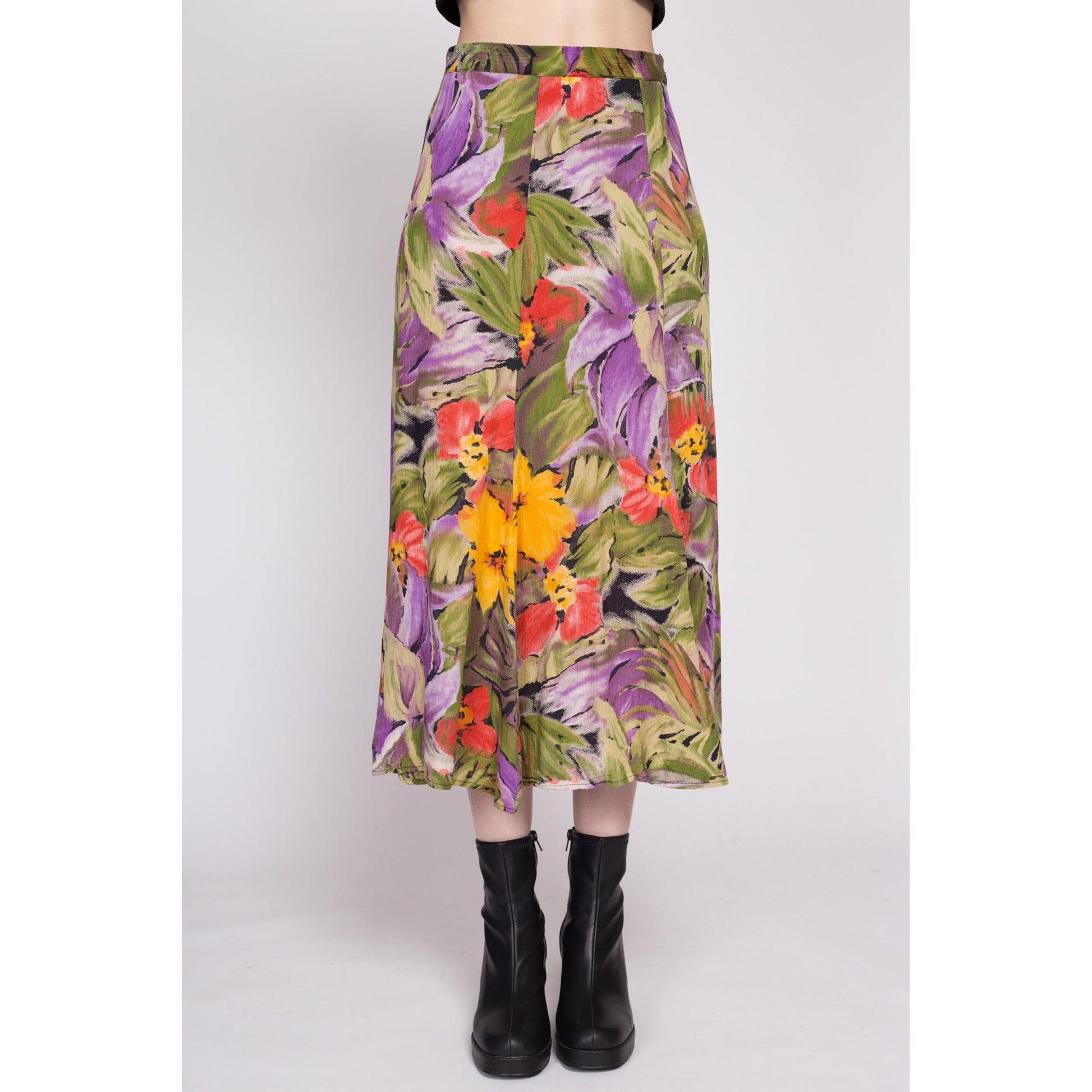 90s Grunge Floral Rayon Midi Skirt - Small to Medium, 27.5" | Vintage Boho High Waisted A Line Flowy Skirt