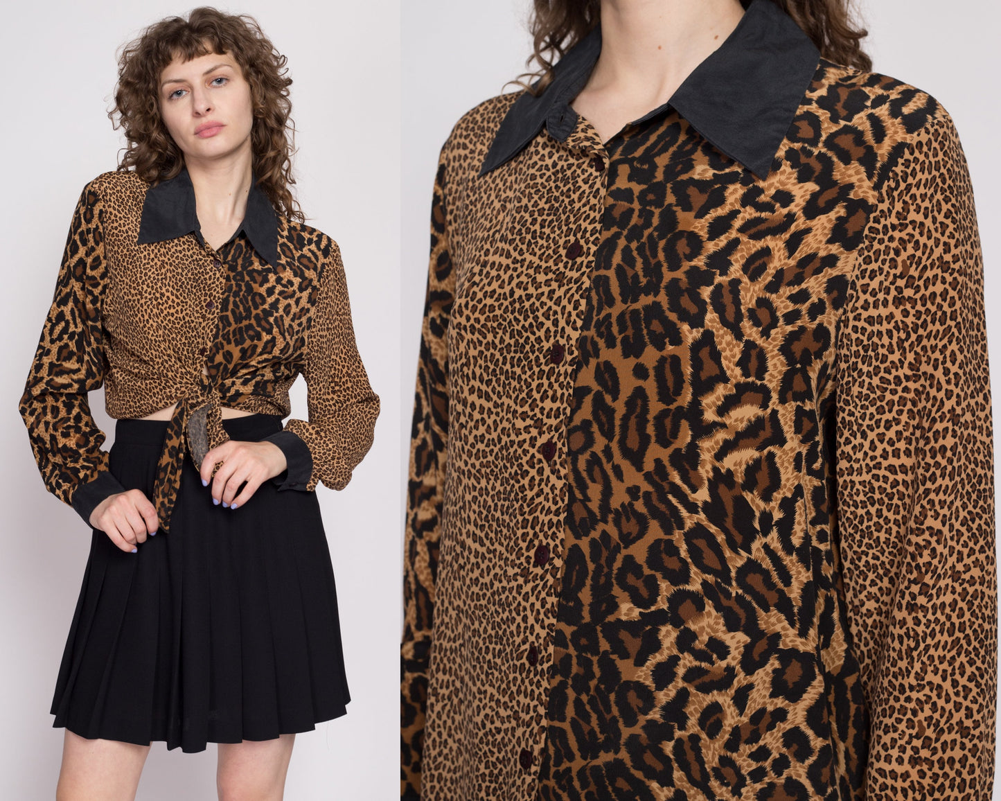 90s Silk Leopard Print Blouse - Large | Vintage Long Sleeve Collared Button Up Top