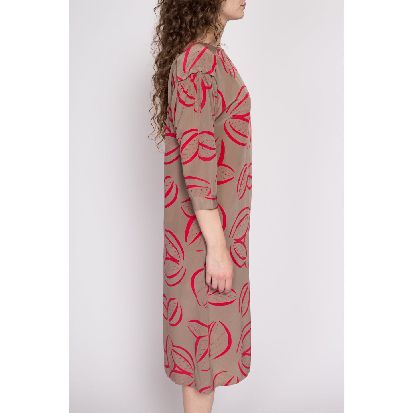 80s Silk Leaf Print Shift Dress, As Is - Medium to Large | Vintage Two Tone 3/4 Sleeve Midi Dolman Sleeve Dress