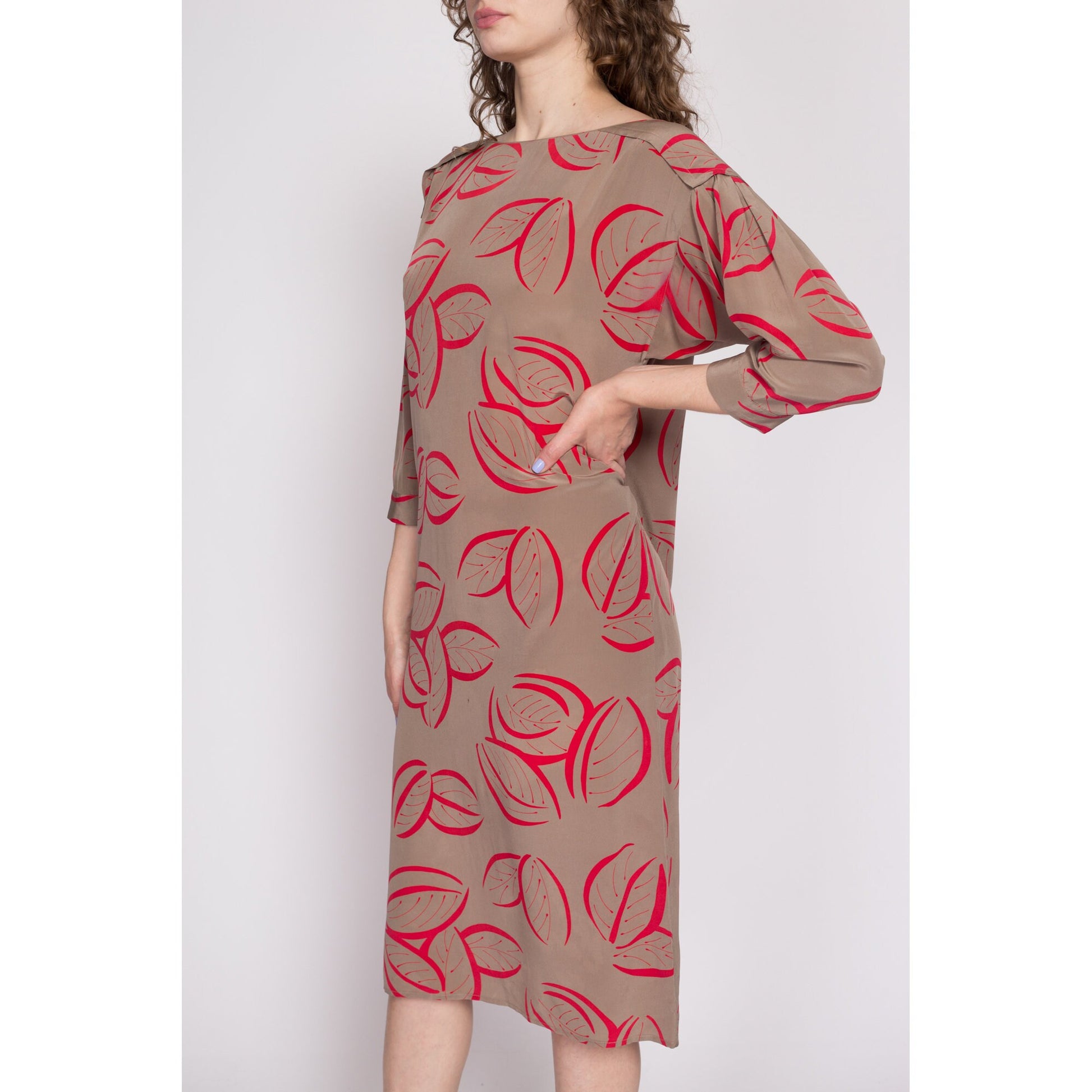 80s Silk Leaf Print Shift Dress, As Is - Medium to Large | Vintage Two Tone 3/4 Sleeve Midi Dolman Sleeve Dress
