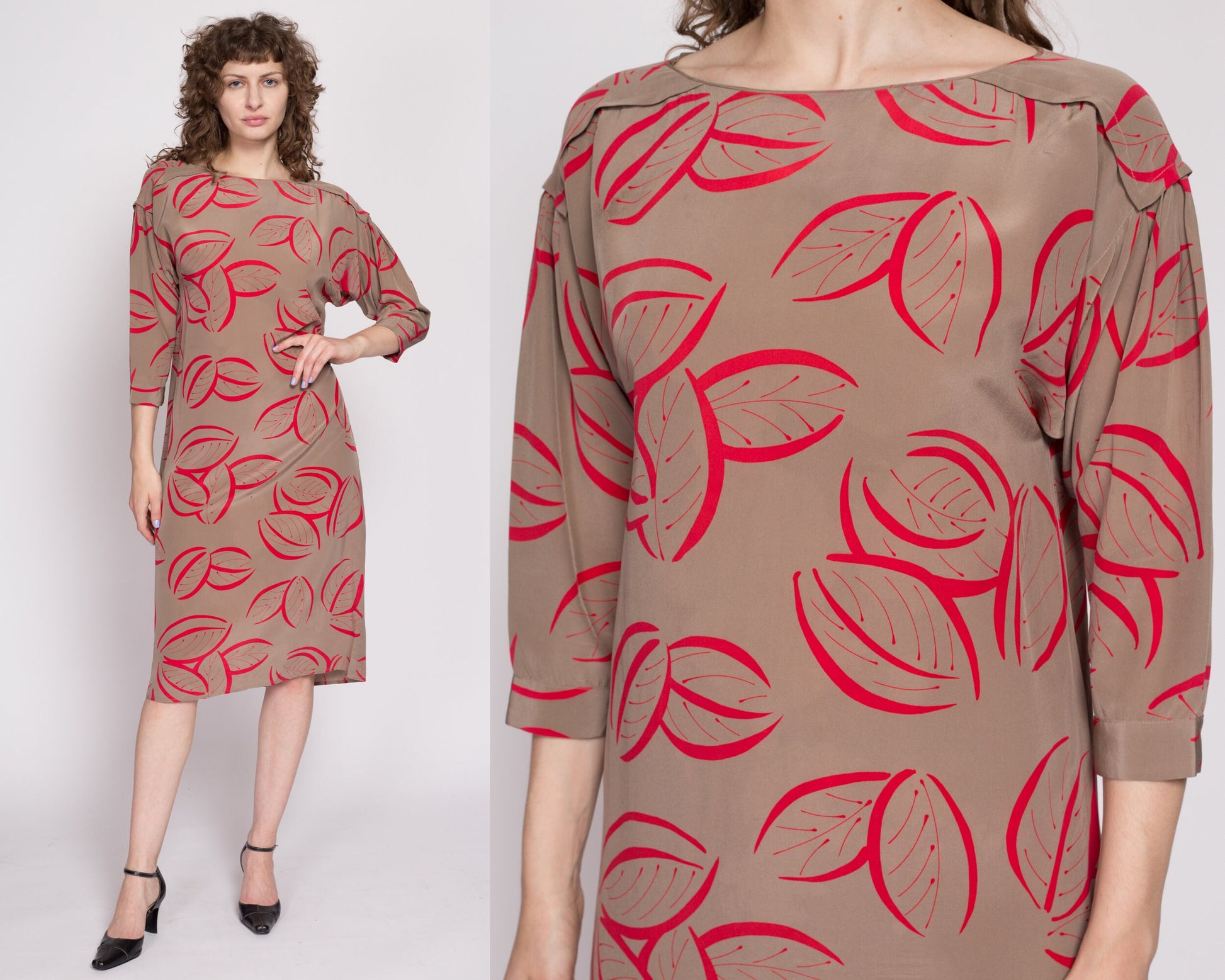 80s Silk Leaf Print Shift Dress, As Is - Medium to Large | Vintage Two Tone 3/4 Sleeve Midi Dolman Sleeve Dress