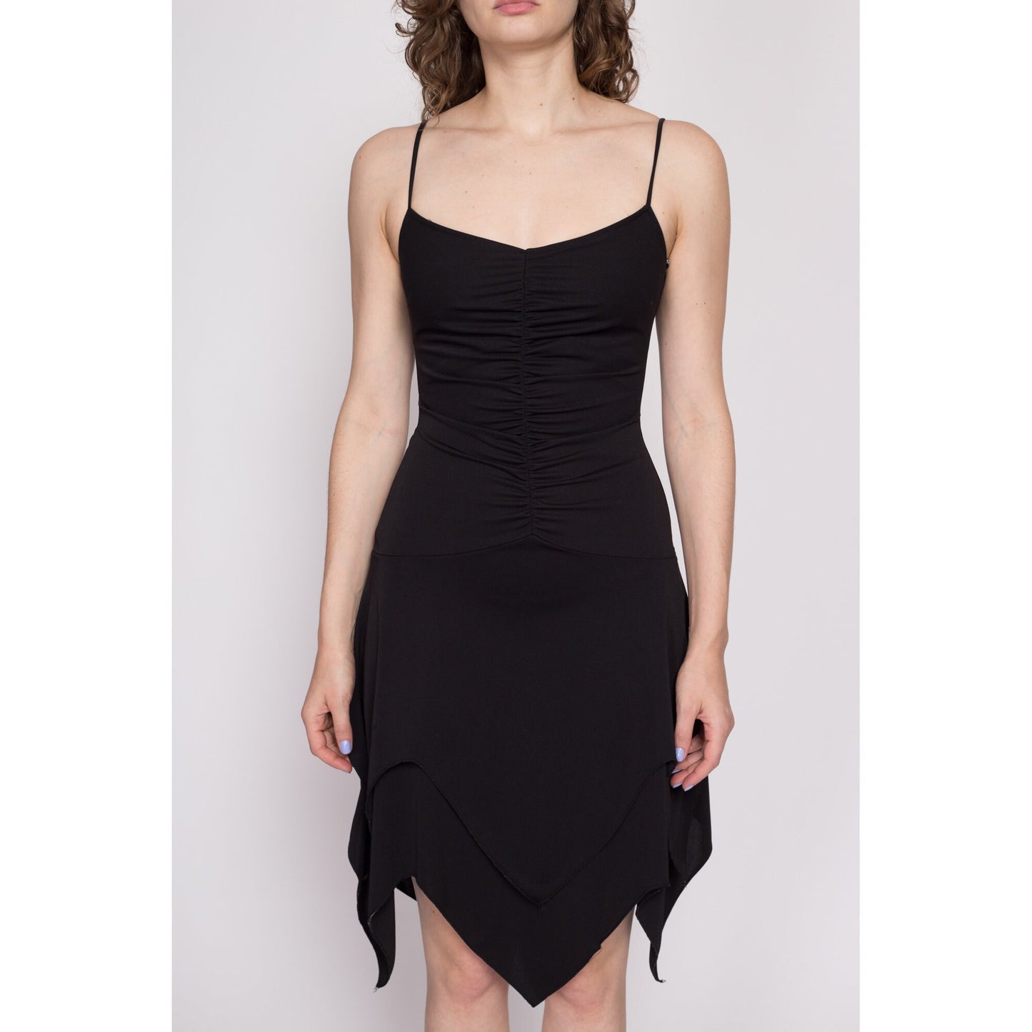 90s Y2K Black Scarf Hem Dress - Small | Vintage Alyn Paige Ruched Spaghetti Strap Mini Party Dress