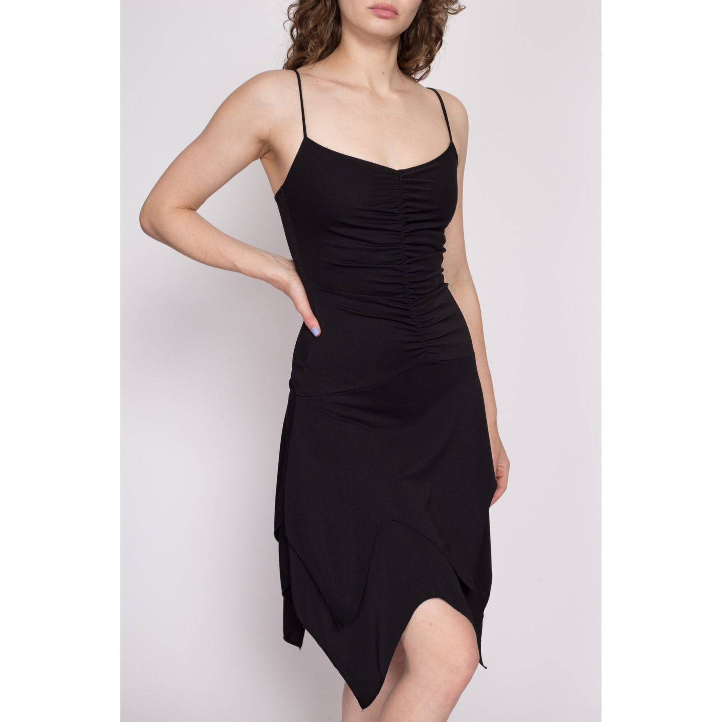 90s Y2K Black Scarf Hem Dress - Small | Vintage Alyn Paige Ruched Spaghetti Strap Mini Party Dress