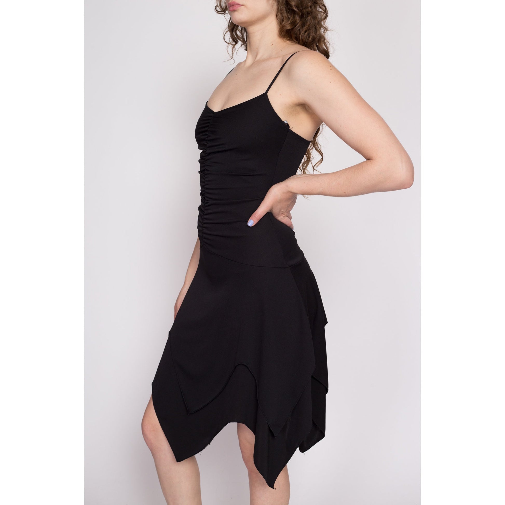 90s Y2K Black Scarf Hem Dress - Small | Vintage Alyn Paige Ruched Spaghetti Strap Mini Party Dress