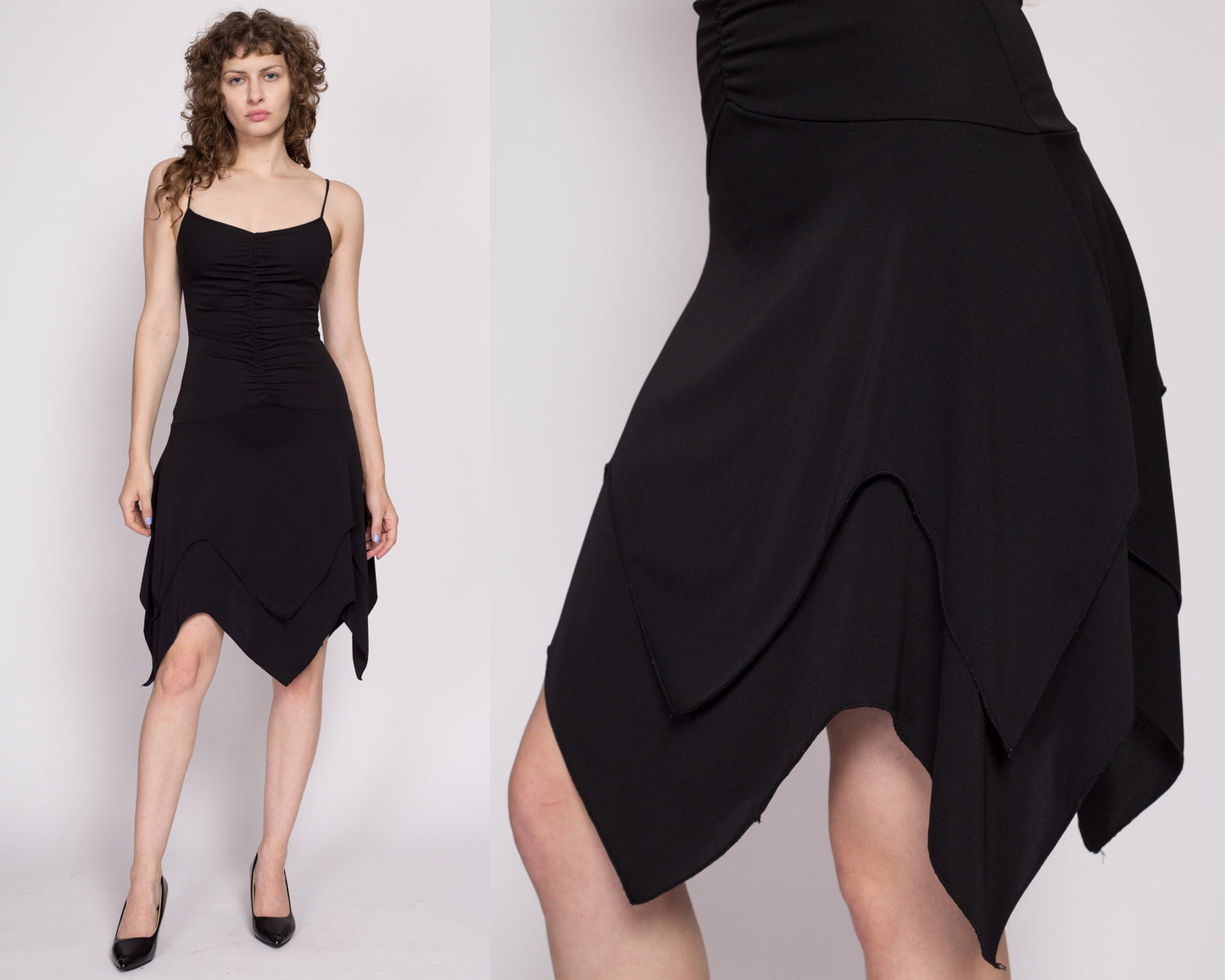 90s Y2K Black Scarf Hem Dress - Small | Vintage Alyn Paige Ruched Spaghetti Strap Mini Party Dress