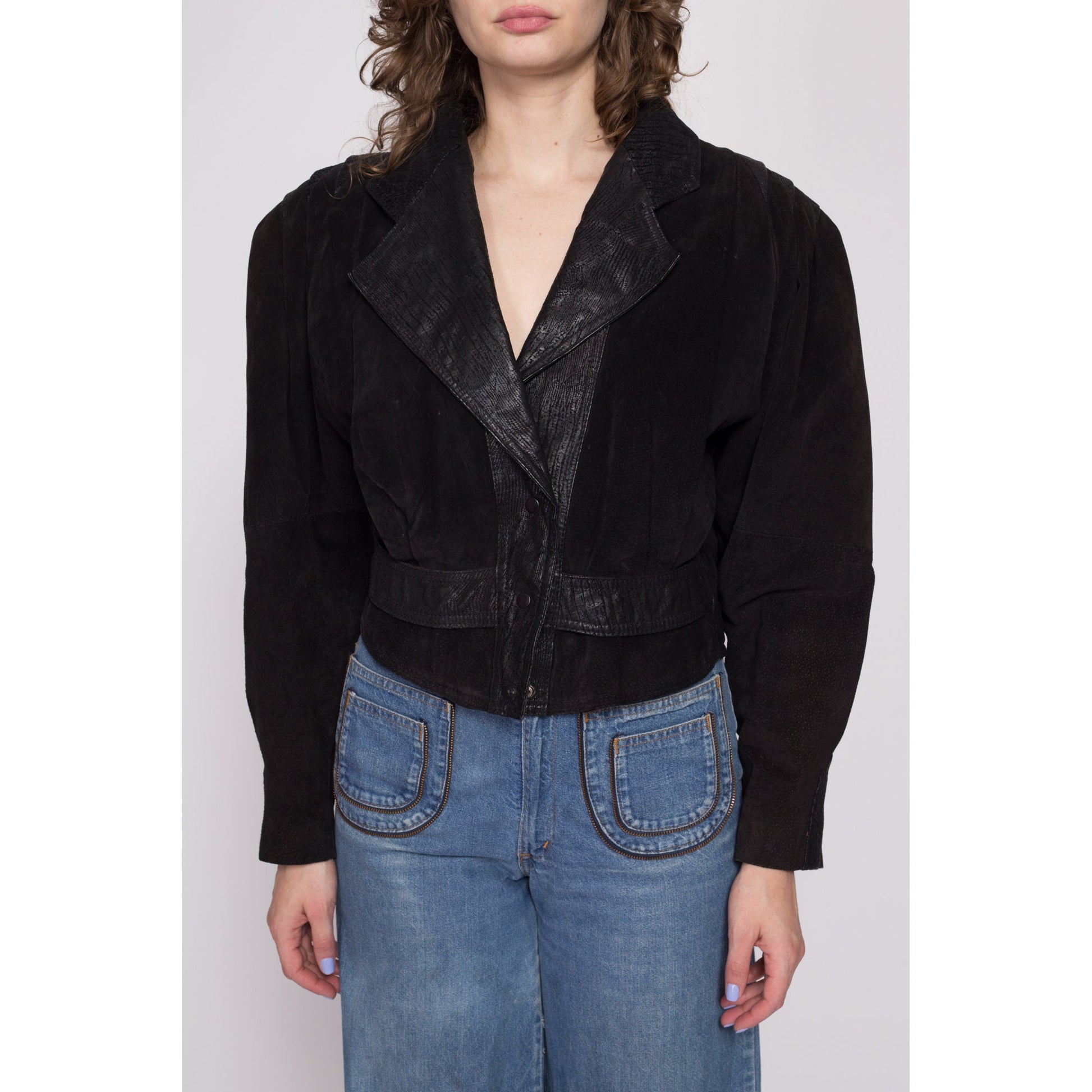 80s Black Leather Cropped Moto Jacket - Medium | Vintage G-III Fitted Waist Oversized Embossed Suede Snap Up Coat