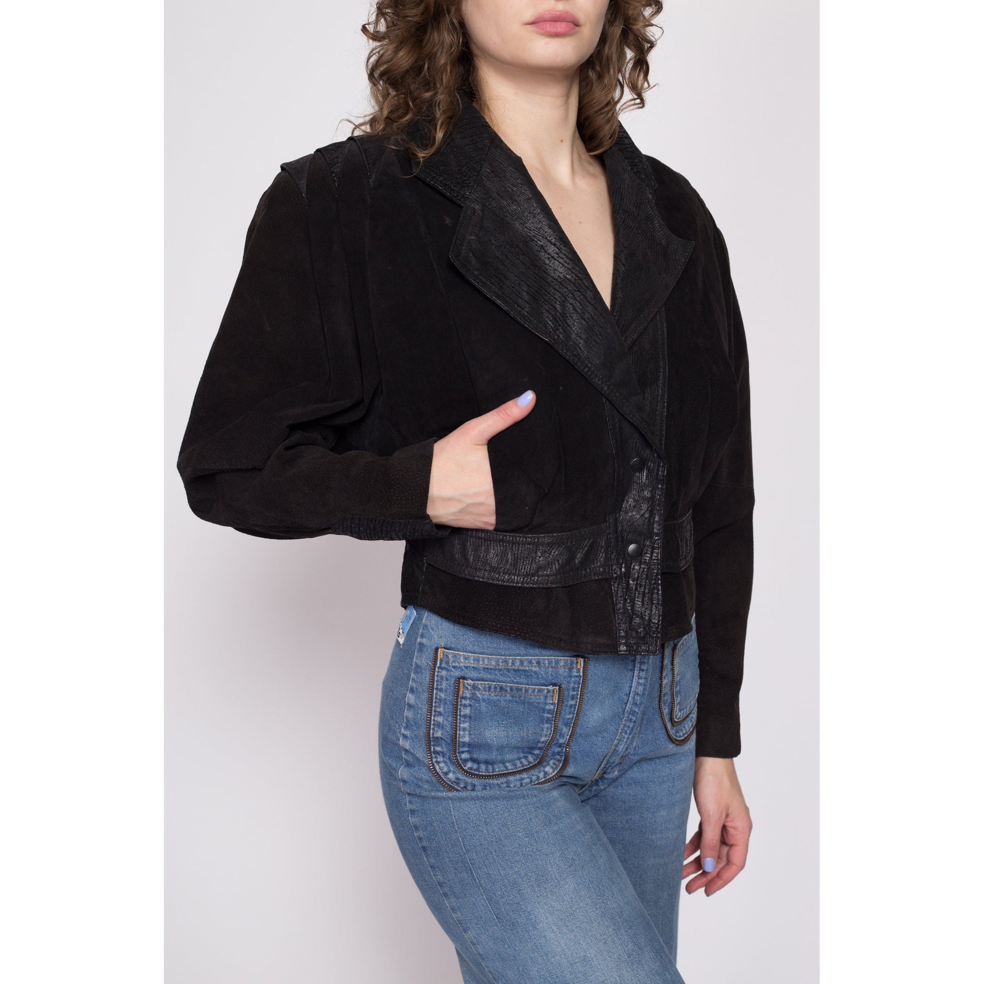 80s Black Leather Cropped Moto Jacket - Medium | Vintage G-III Fitted Waist Oversized Embossed Suede Snap Up Coat