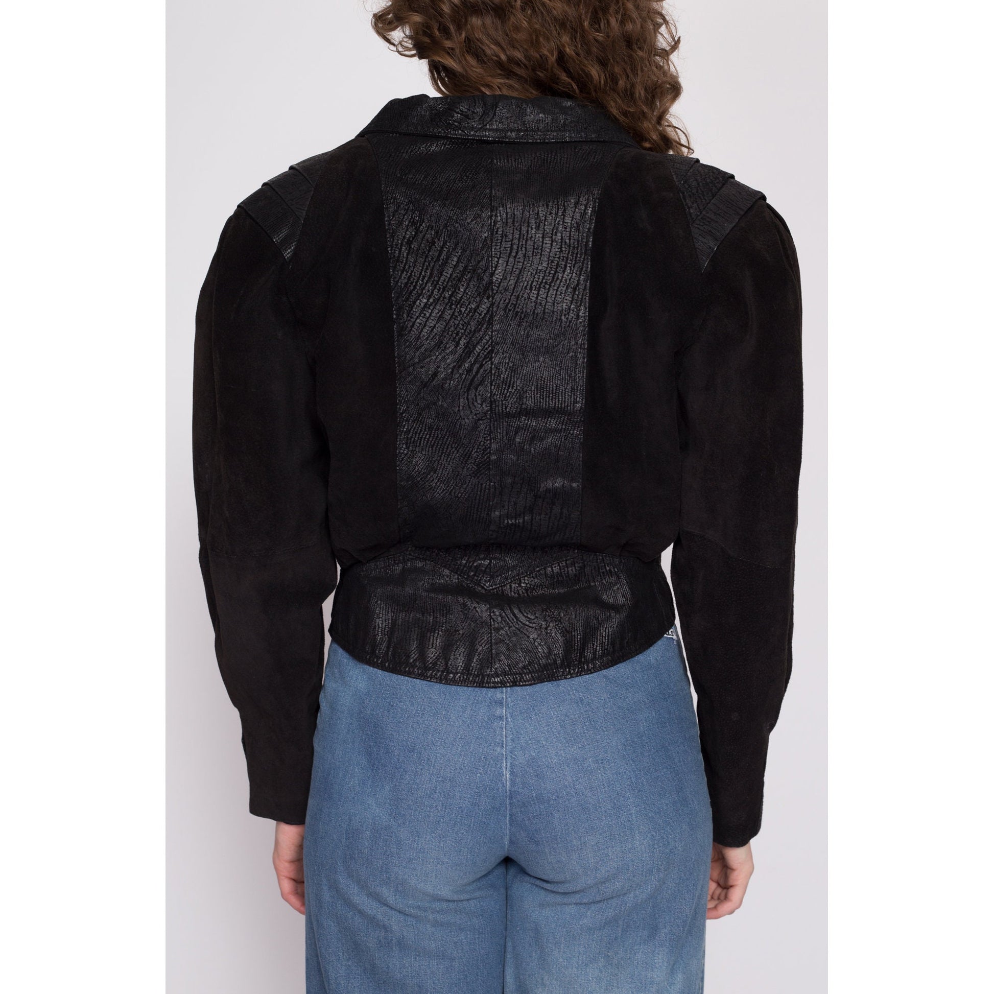 80s Black Leather Cropped Moto Jacket - Medium | Vintage G-III Fitted Waist Oversized Embossed Suede Snap Up Coat