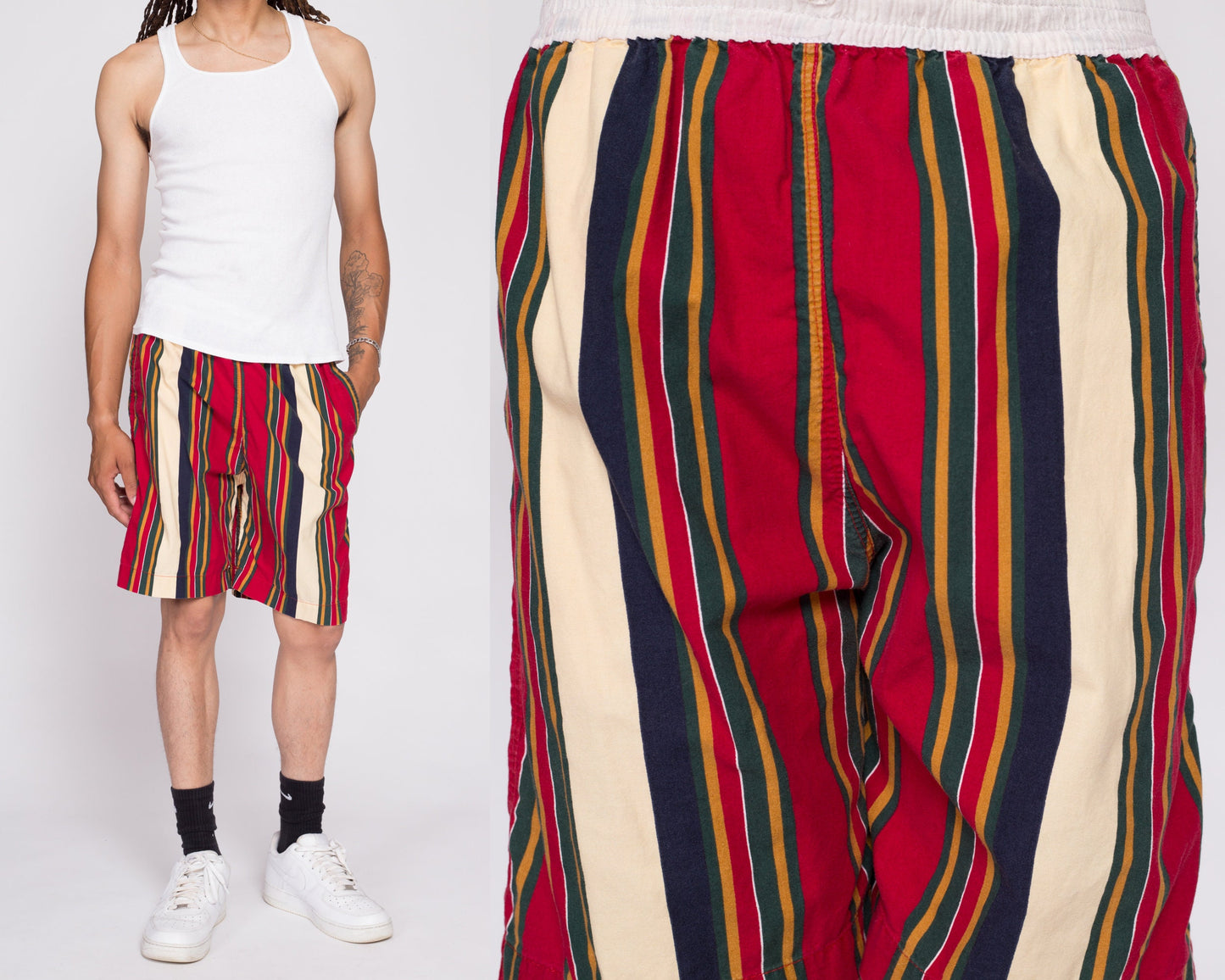 90s Don't Stop Striped Casual Shorts - Men's Medium | Vintage Cotton Blend Elastic Waist Board Shorts