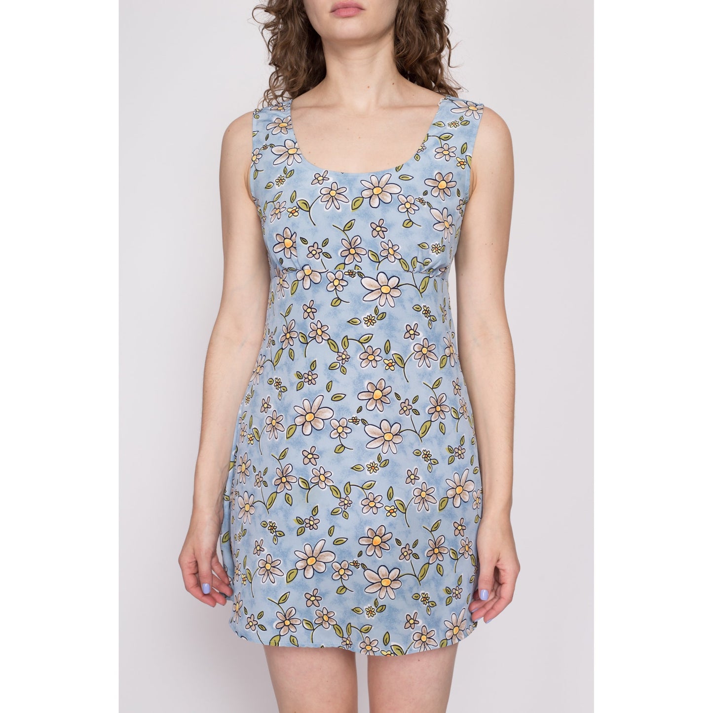 90s Blue Daisy Floral Mini Babydoll Dress - Medium | Vintage A Line Sleeveless Scoop Neck Sundress