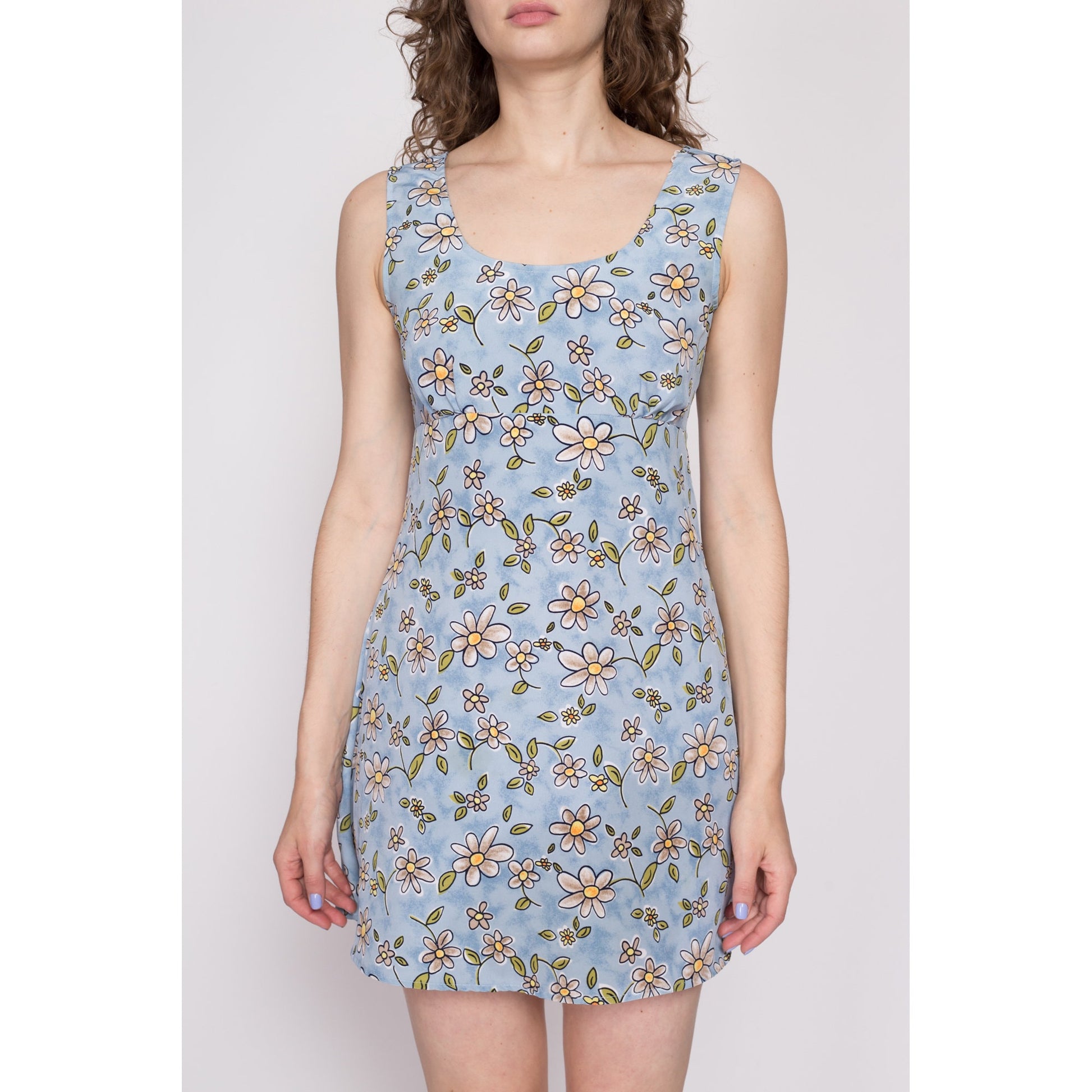 90s Blue Daisy Floral Mini Babydoll Dress - Medium | Vintage A Line Sleeveless Scoop Neck Sundress