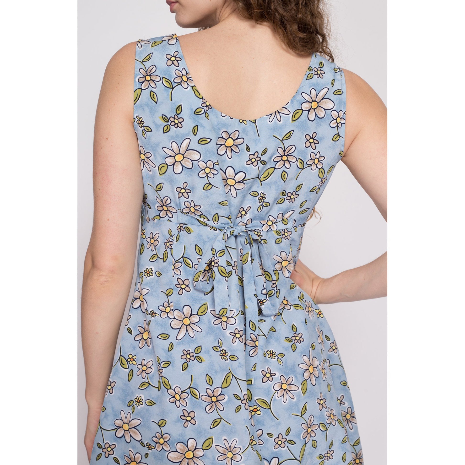 90s Blue Daisy Floral Mini Babydoll Dress - Medium | Vintage A Line Sleeveless Scoop Neck Sundress