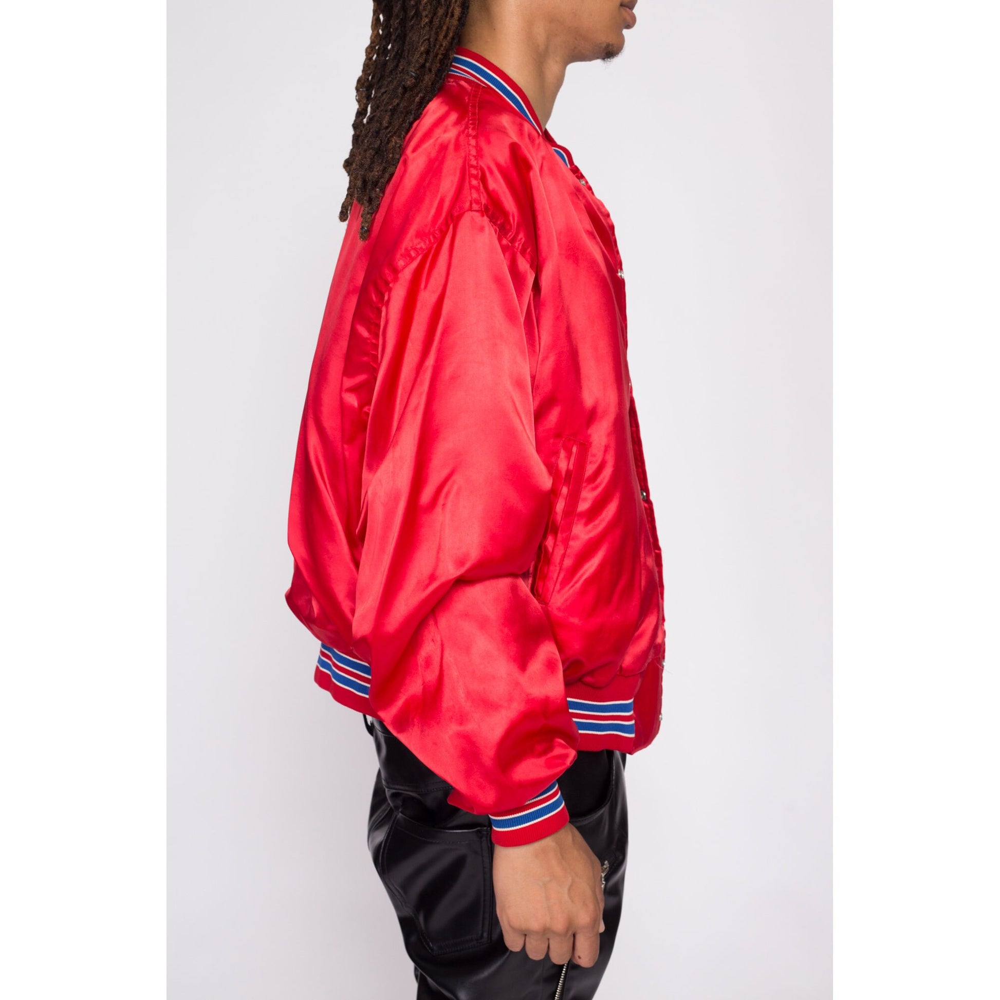 80s South River Pub Red Satin Bomber Jacket - Men's XL | Vintage New Jersey Tourist Souvenir Snap Button Varsity Windbreaker