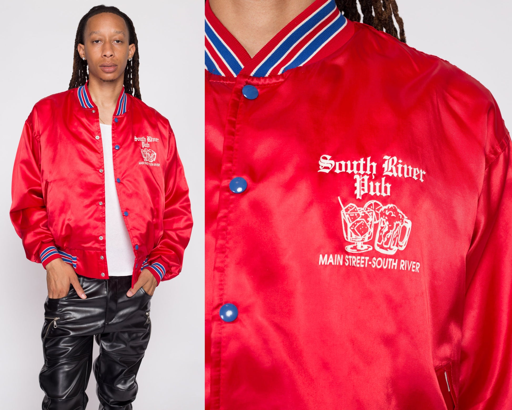 80s South River Pub Red Satin Bomber Jacket - Men's XL | Vintage New Jersey Tourist Souvenir Snap Button Varsity Windbreaker