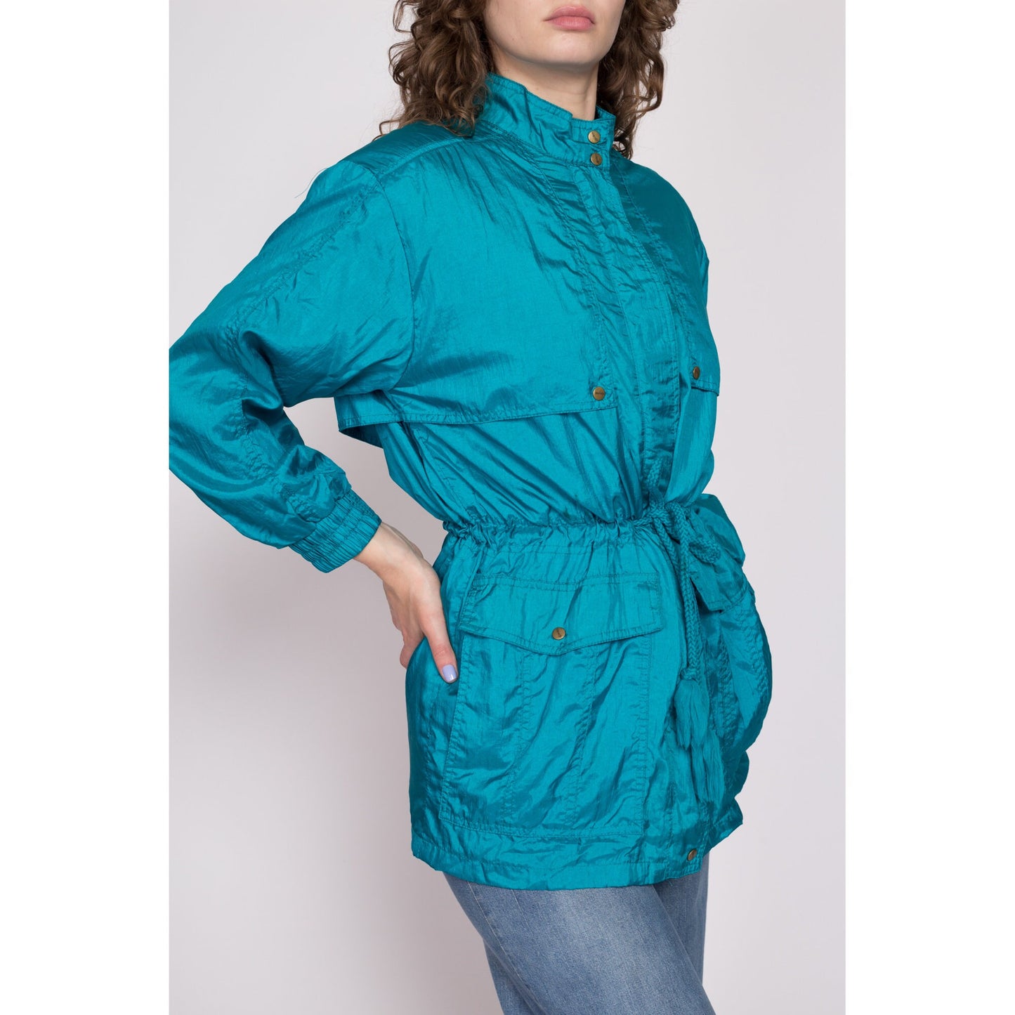 80s Blue Drawstring Waist Windbreaker Jacket - Petite Small to Medium | Vintage Lightweight Zip Up Rain Coat
