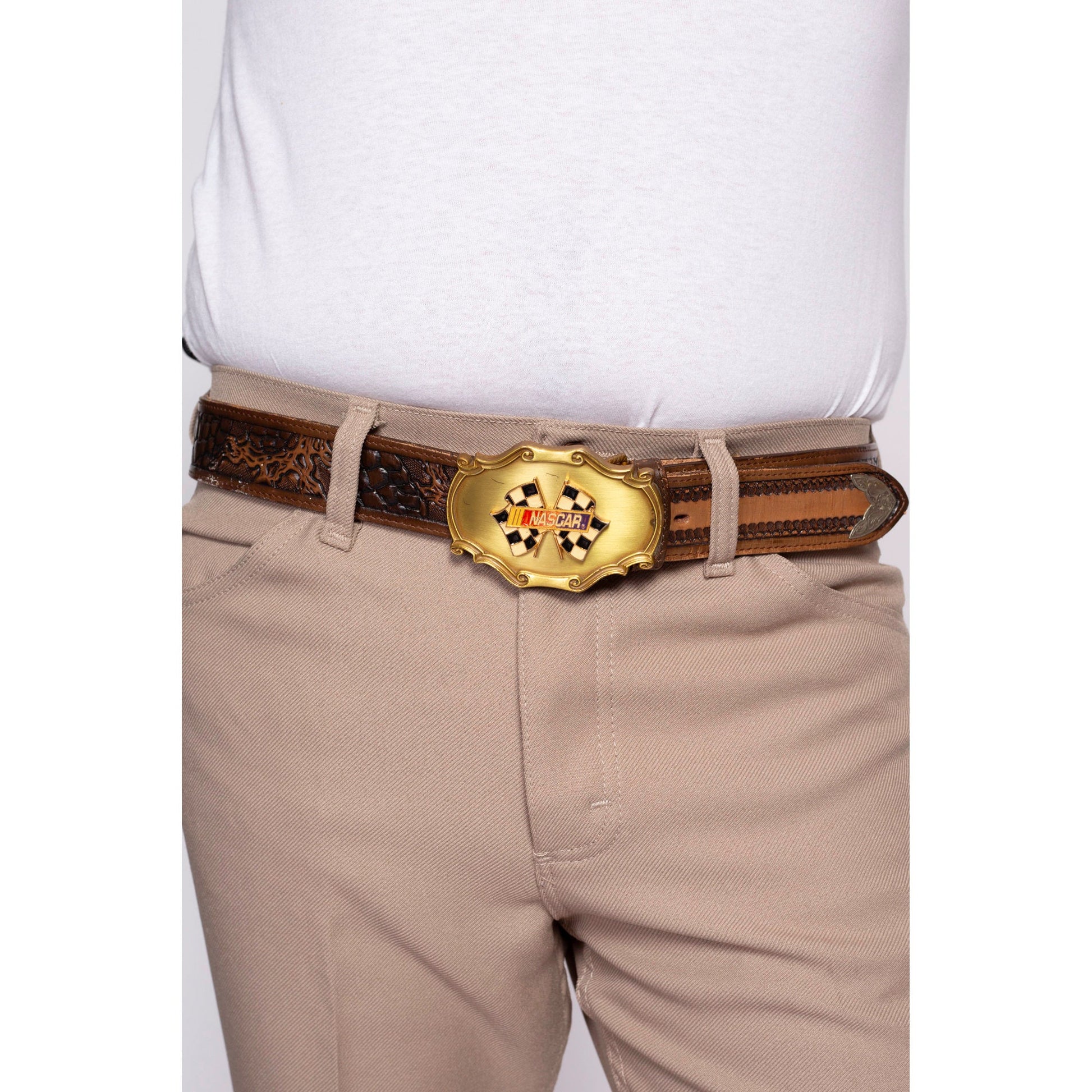 70s Nascar RainTree Belt Buckle & Leather Belt - Size 40 | Vintage Nocona Brown Tooled Western Leather "Merrill" Name Belt