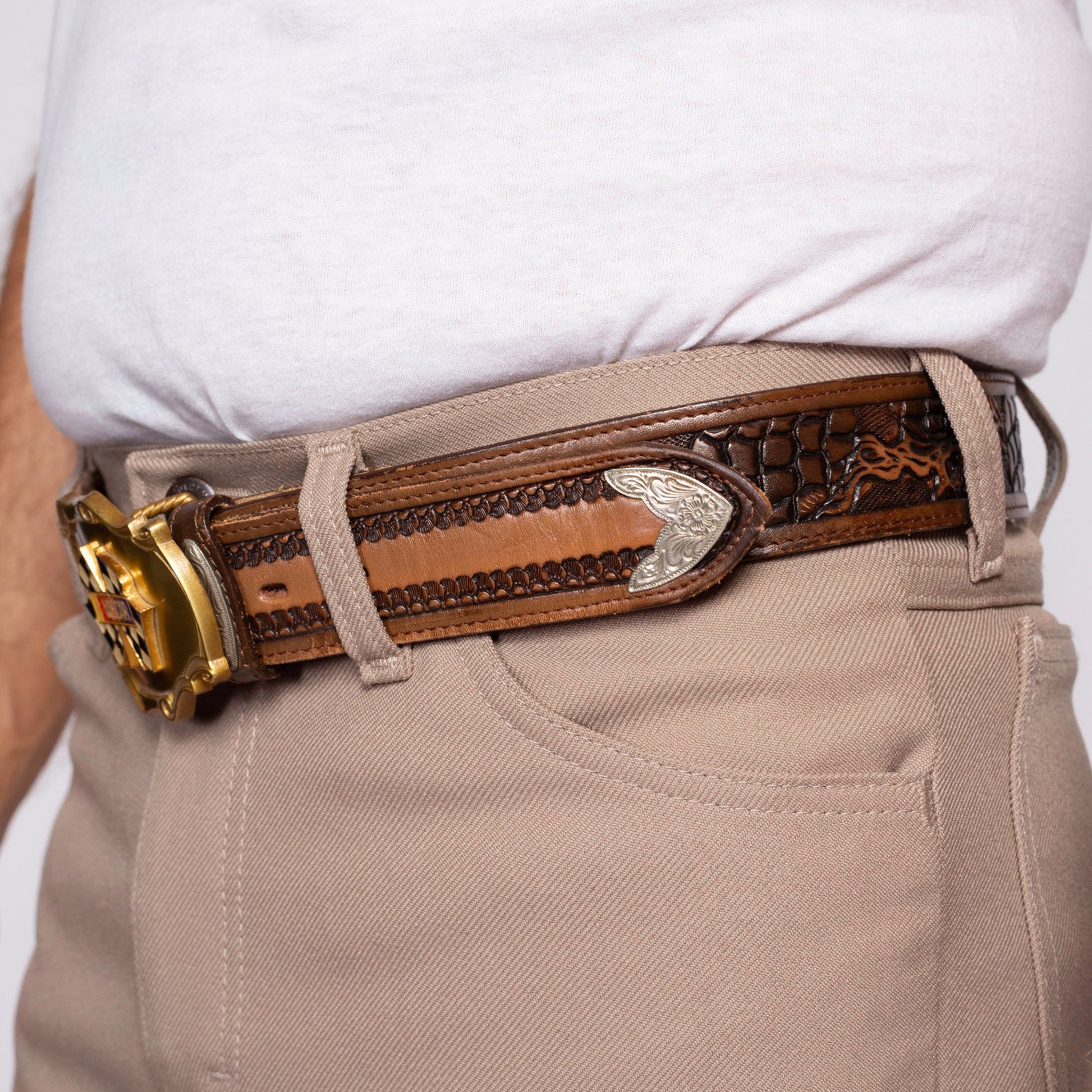 70s Nascar RainTree Belt Buckle & Leather Belt - Size 40 | Vintage Nocona Brown Tooled Western Leather "Merrill" Name Belt