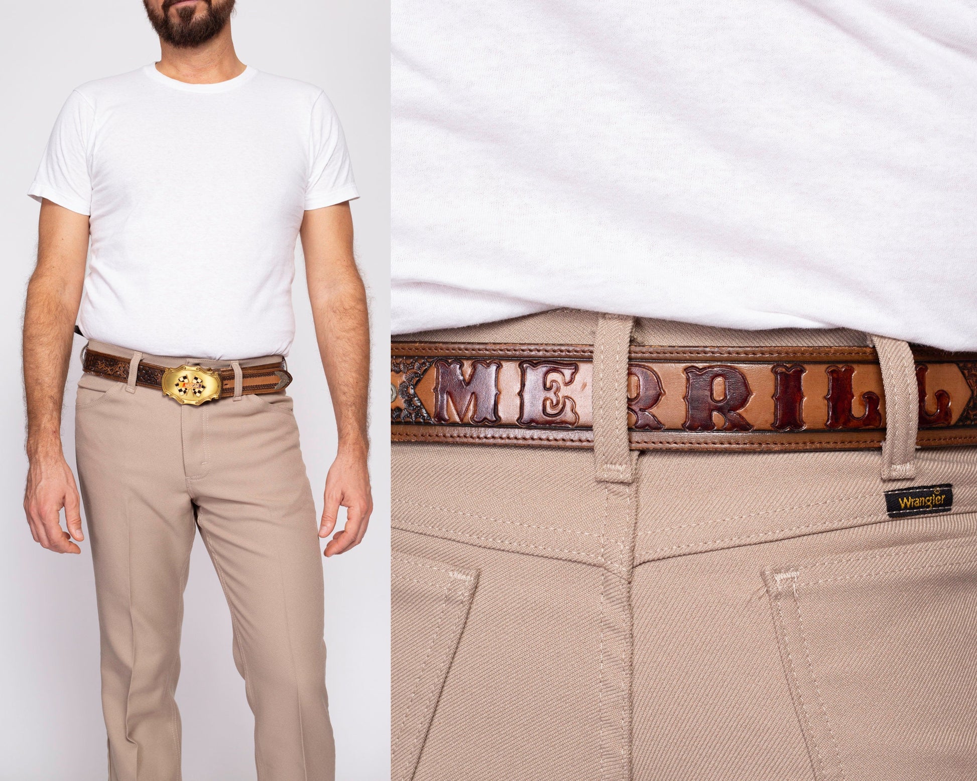 70s Nascar RainTree Belt Buckle & Leather Belt - Size 40 | Vintage Nocona Brown Tooled Western Leather "Merrill" Name Belt