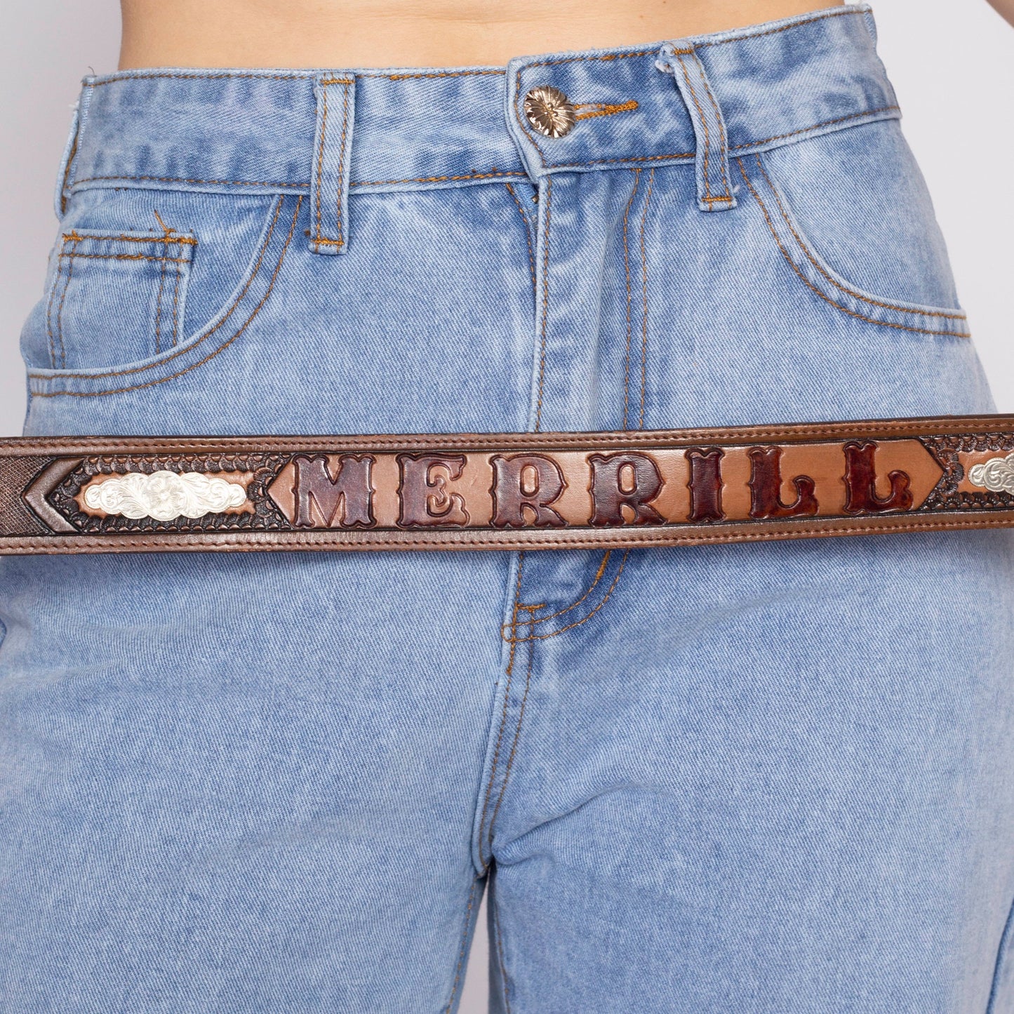 70s Nascar RainTree Belt Buckle & Leather Belt - Size 40 | Vintage Nocona Brown Tooled Western Leather "Merrill" Name Belt