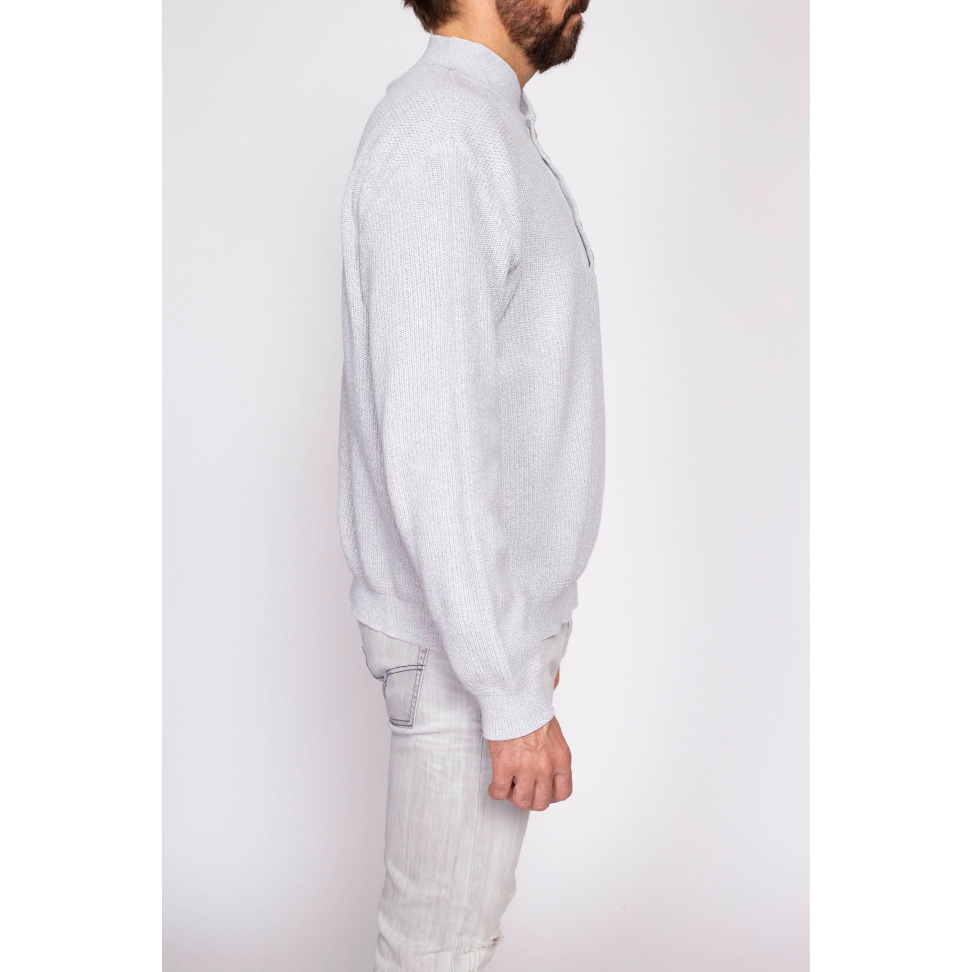 80s L.L. Bean Grey Knit Henley Sweater - Men's Large | Vintage Button Up Long Sleeve Cotton Pullover