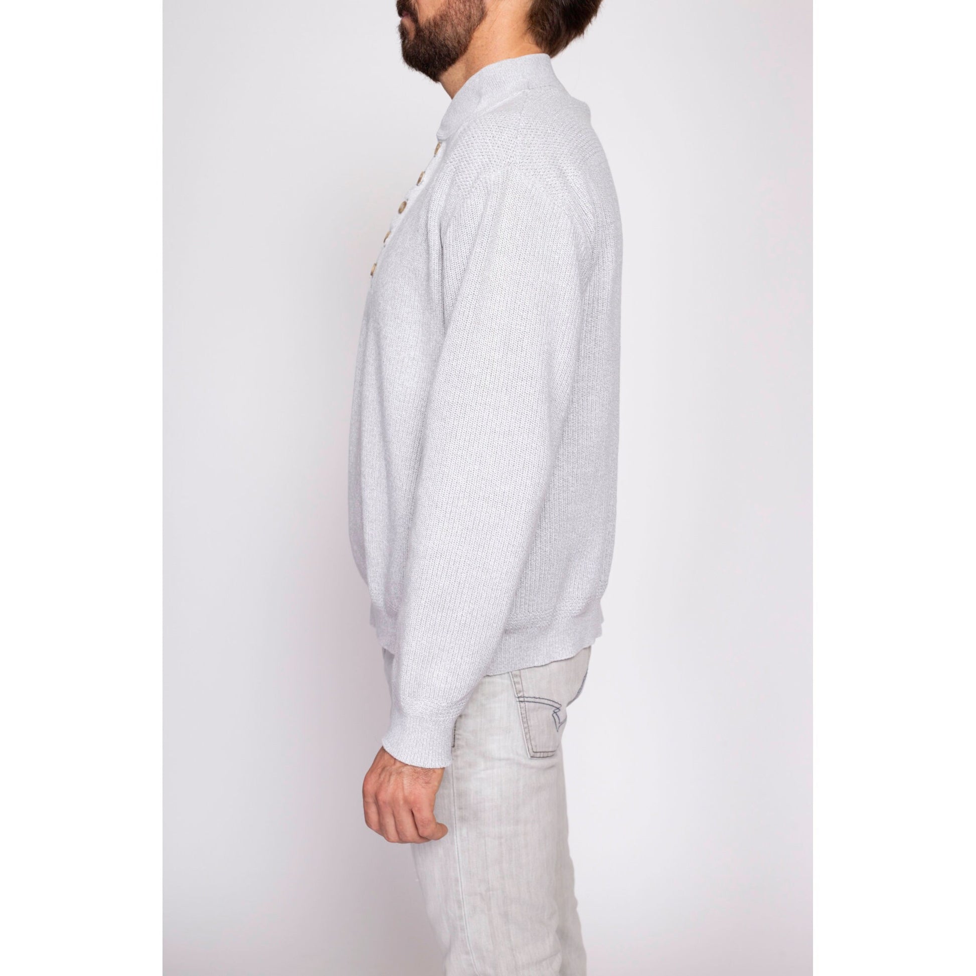 80s L.L. Bean Grey Knit Henley Sweater - Men's Large | Vintage Button Up Long Sleeve Cotton Pullover