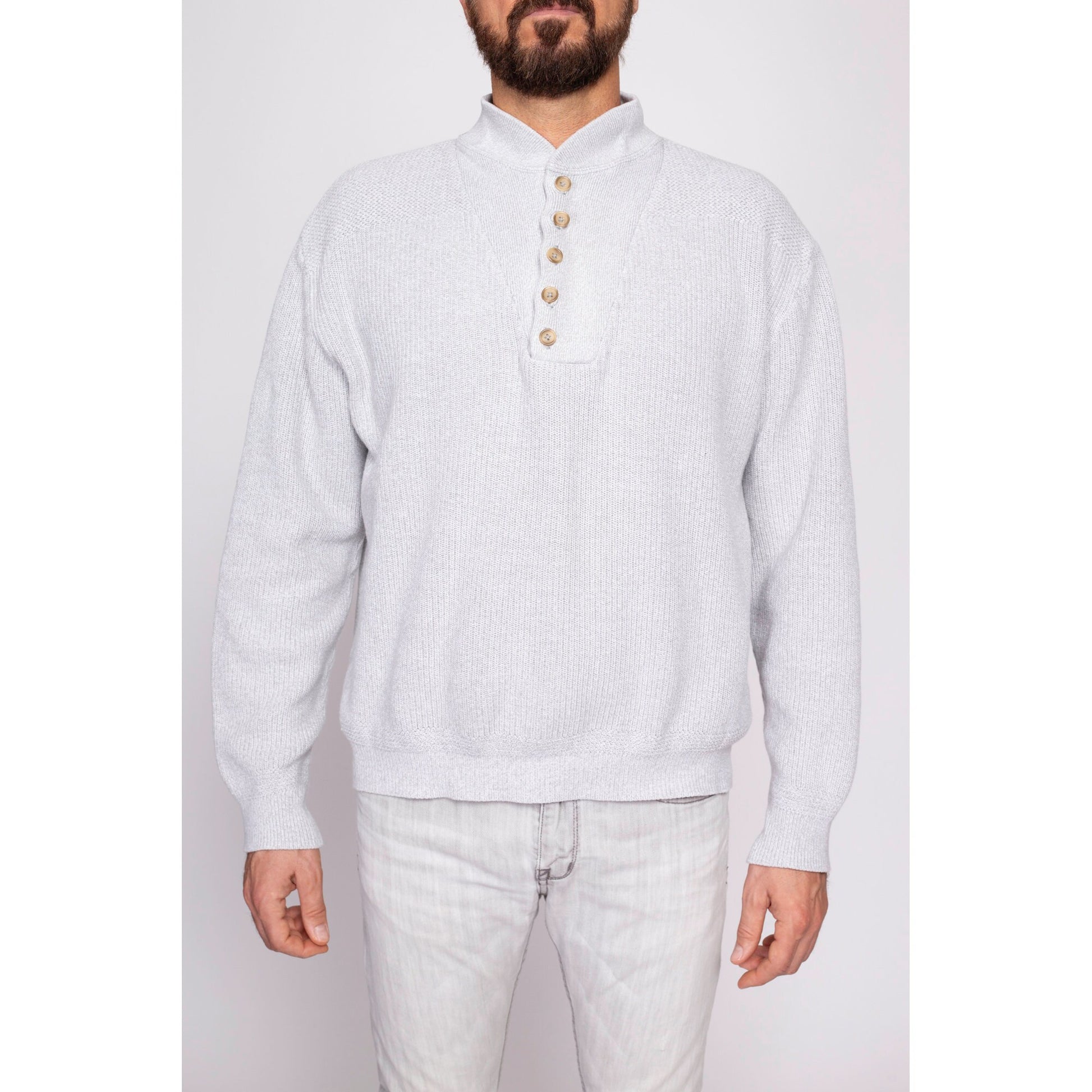 80s L.L. Bean Grey Knit Henley Sweater - Men's Large | Vintage Button Up Long Sleeve Cotton Pullover