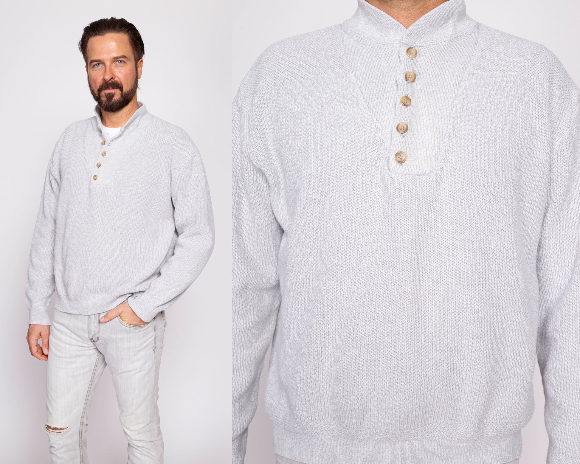 80s L.L. Bean Grey Knit Henley Sweater - Men's Large | Vintage Button Up Long Sleeve Cotton Pullover