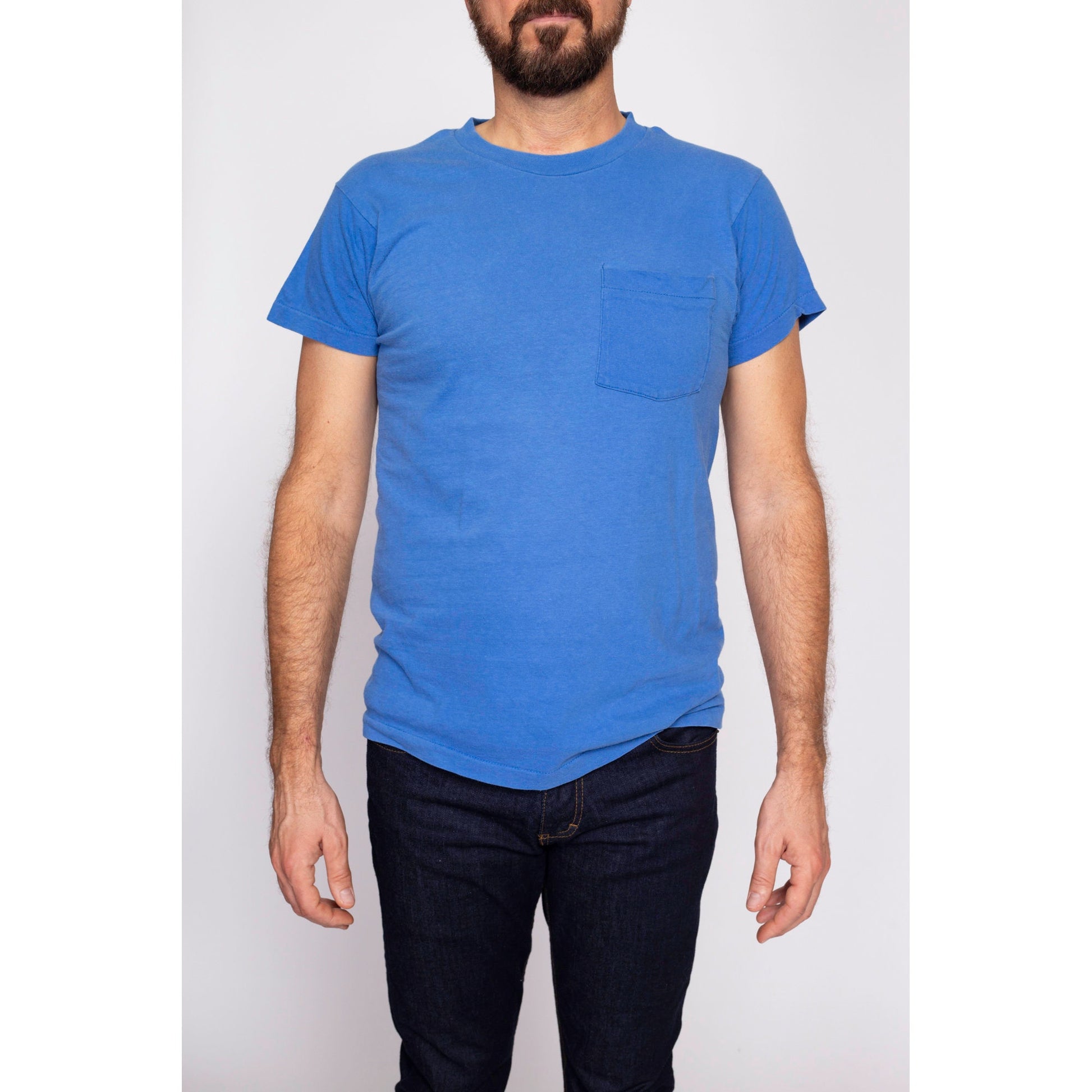 80s Plain Blue Pocket Tee - Men's Medium | Vintage Combed Cotton Single Stitch T Shirt