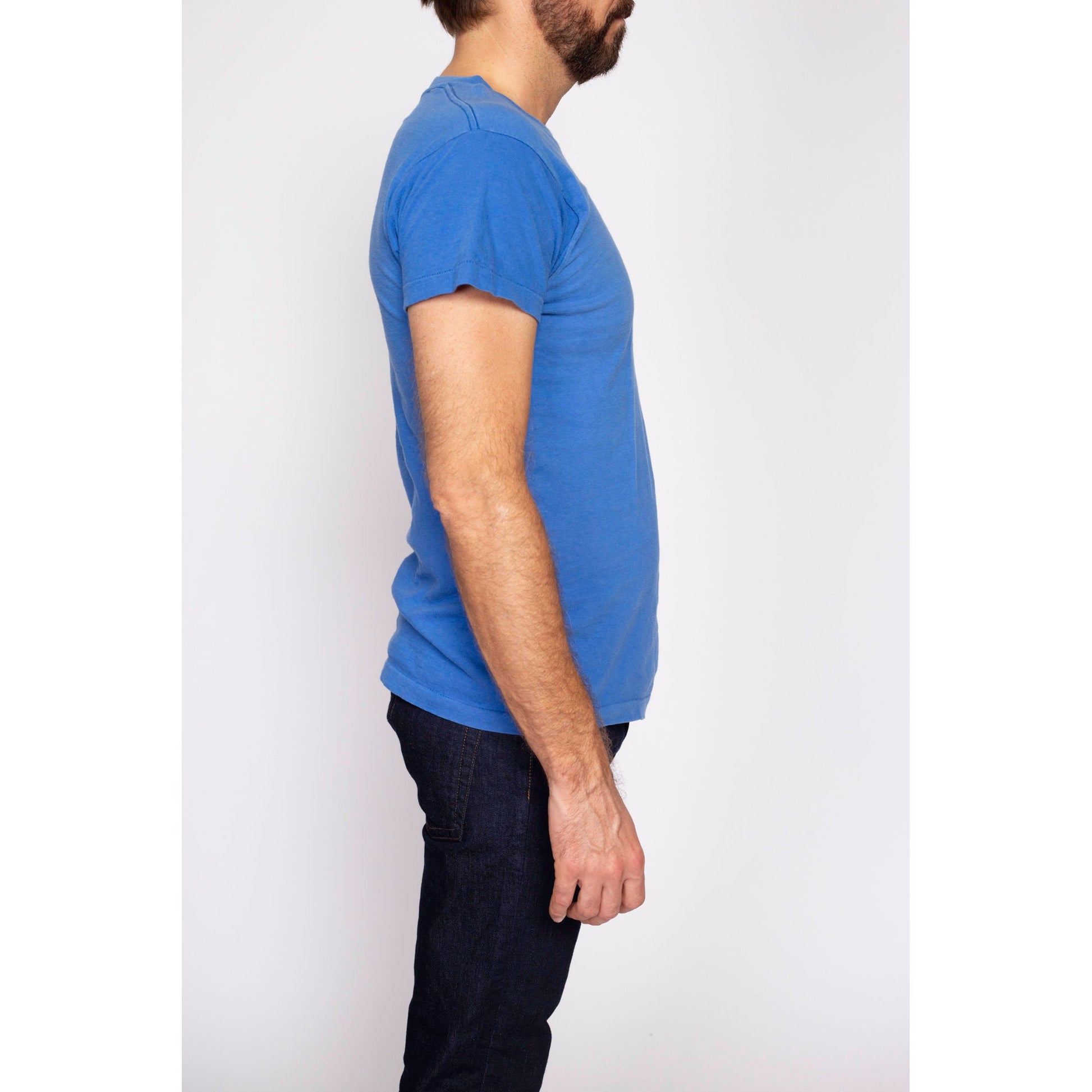 80s Plain Blue Pocket Tee - Men's Medium | Vintage Combed Cotton Single Stitch T Shirt