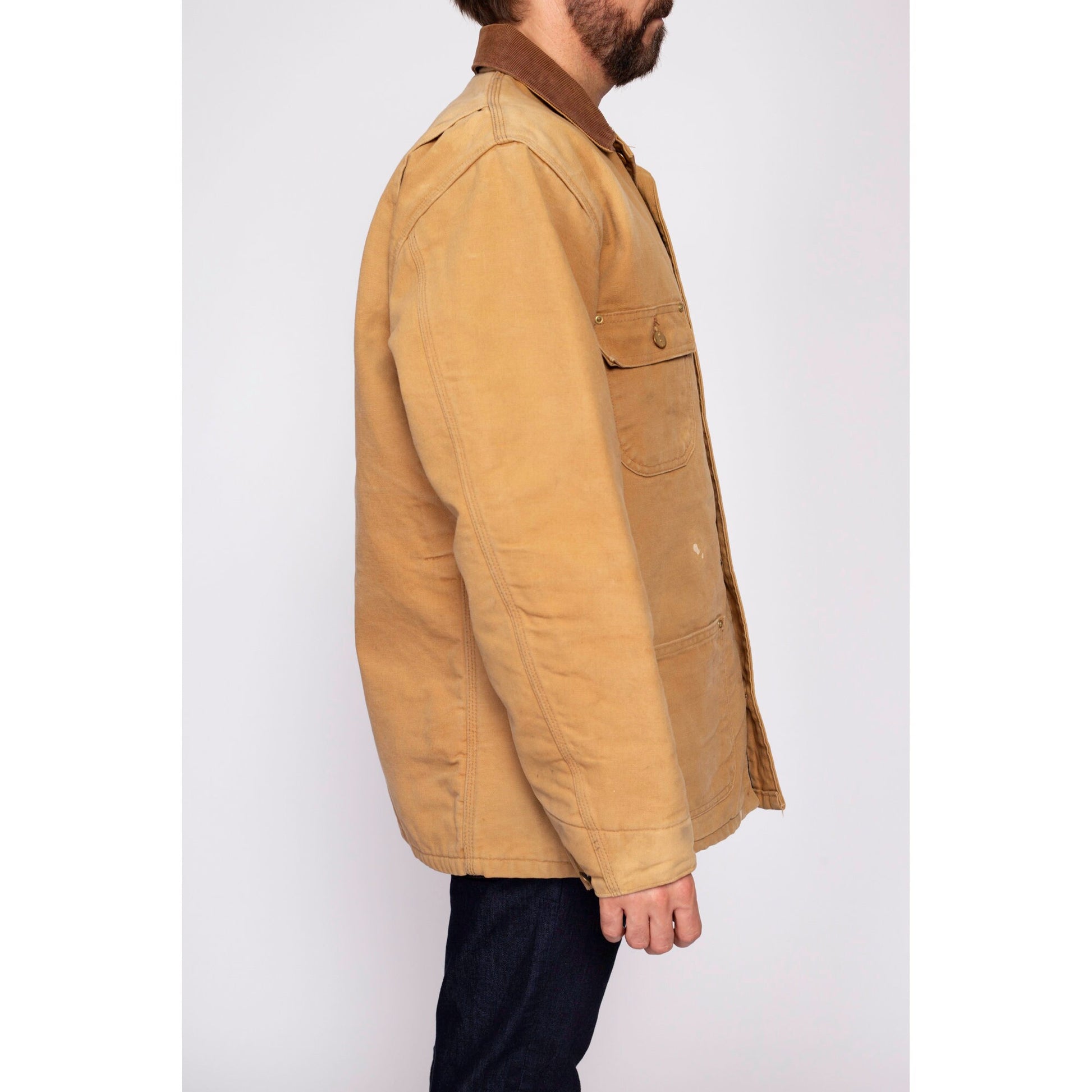 Vintage Carhartt Blanket Lined Chore Coat - 44 Tall | 90s Tan Canvas Duck Corduroy Collar Union Made Workwear Jacket
