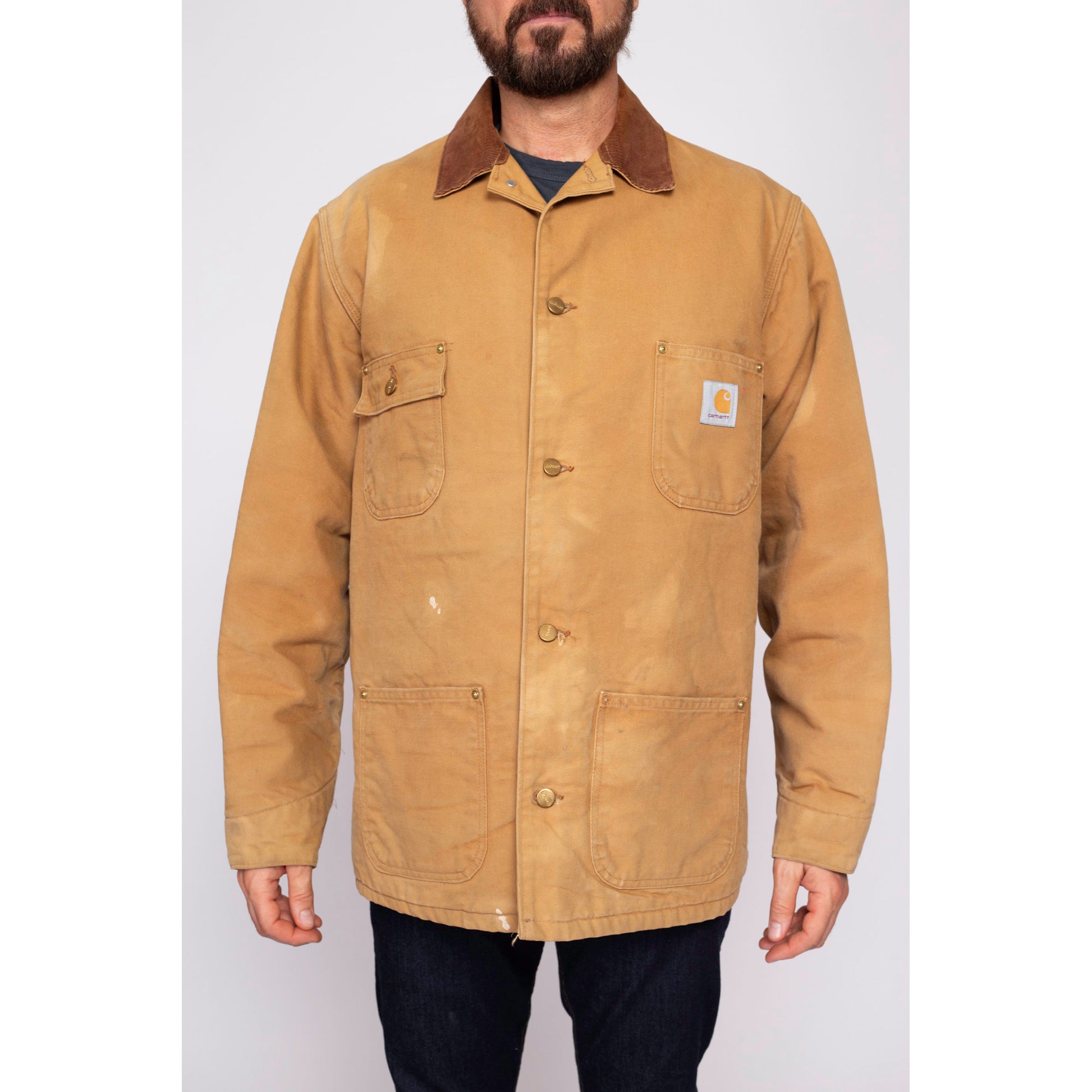 Vintage Carhartt Blanket Lined Chore Coat - 44 Tall | 90s Tan Canvas Duck Corduroy Collar Union Made Workwear Jacket