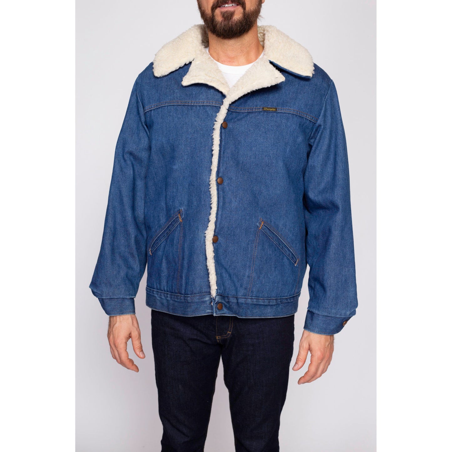70s Wrangler Sherpa Wrange Coat - Men's XL | Vintage Denim Rancher Shearling Lined Trucker Jacket