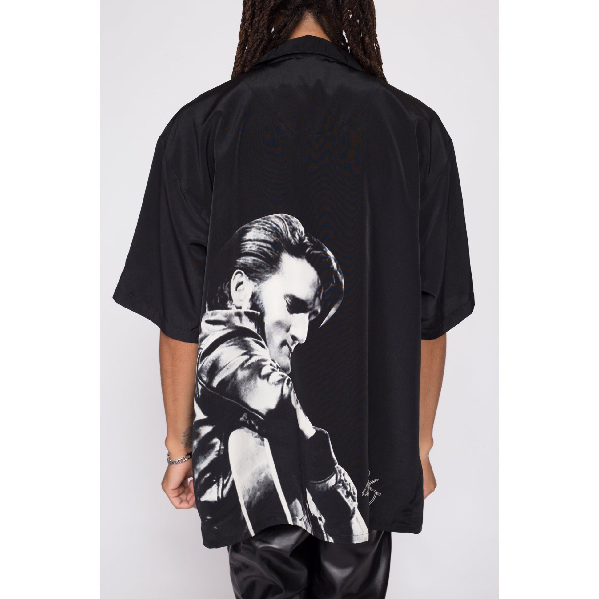 90s Elvis Presley Dragonfly Clothing Collared Shirt - Men's 2XL | Vintage Rock N Roll Music Collectible Black Button Up Short Sleeve Top