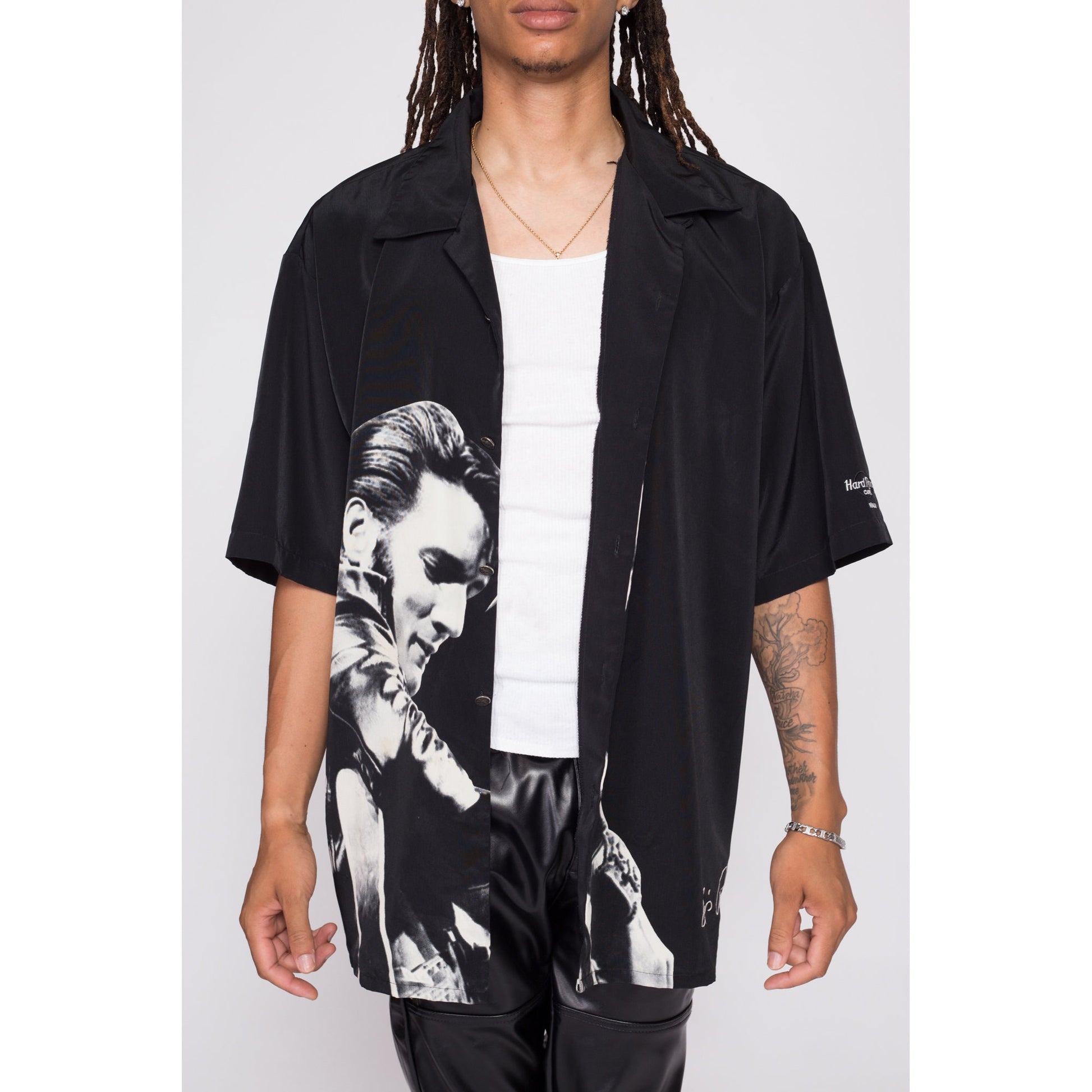 90s Elvis Presley Dragonfly Clothing Collared Shirt - Men's 2XL | Vintage Rock N Roll Music Collectible Black Button Up Short Sleeve Top