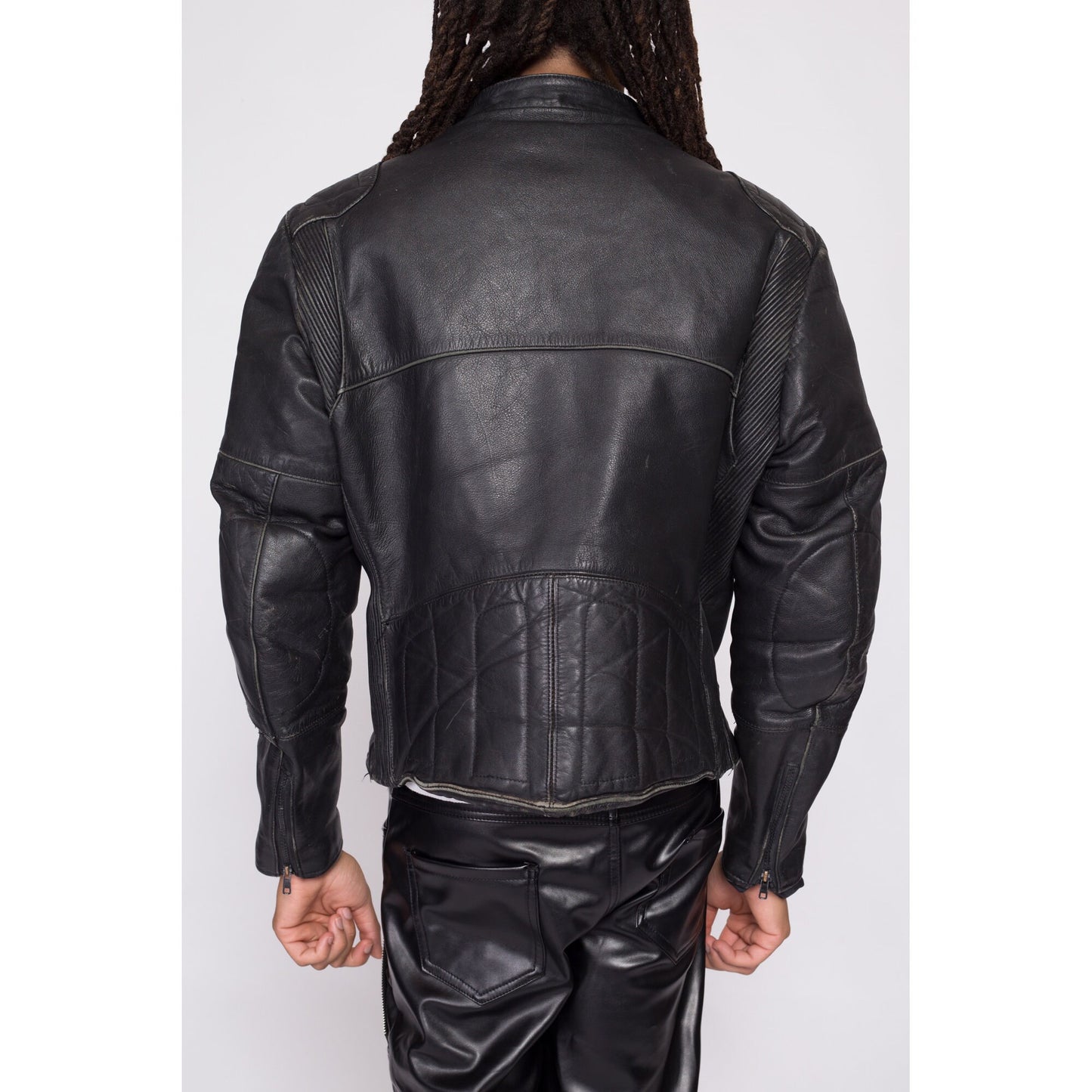 90s Wilsons Black Leather Padded Moto Jacket - Men's Large, Size 44 | Vintage Punk Spike Belted Biker Motorcycle Coat