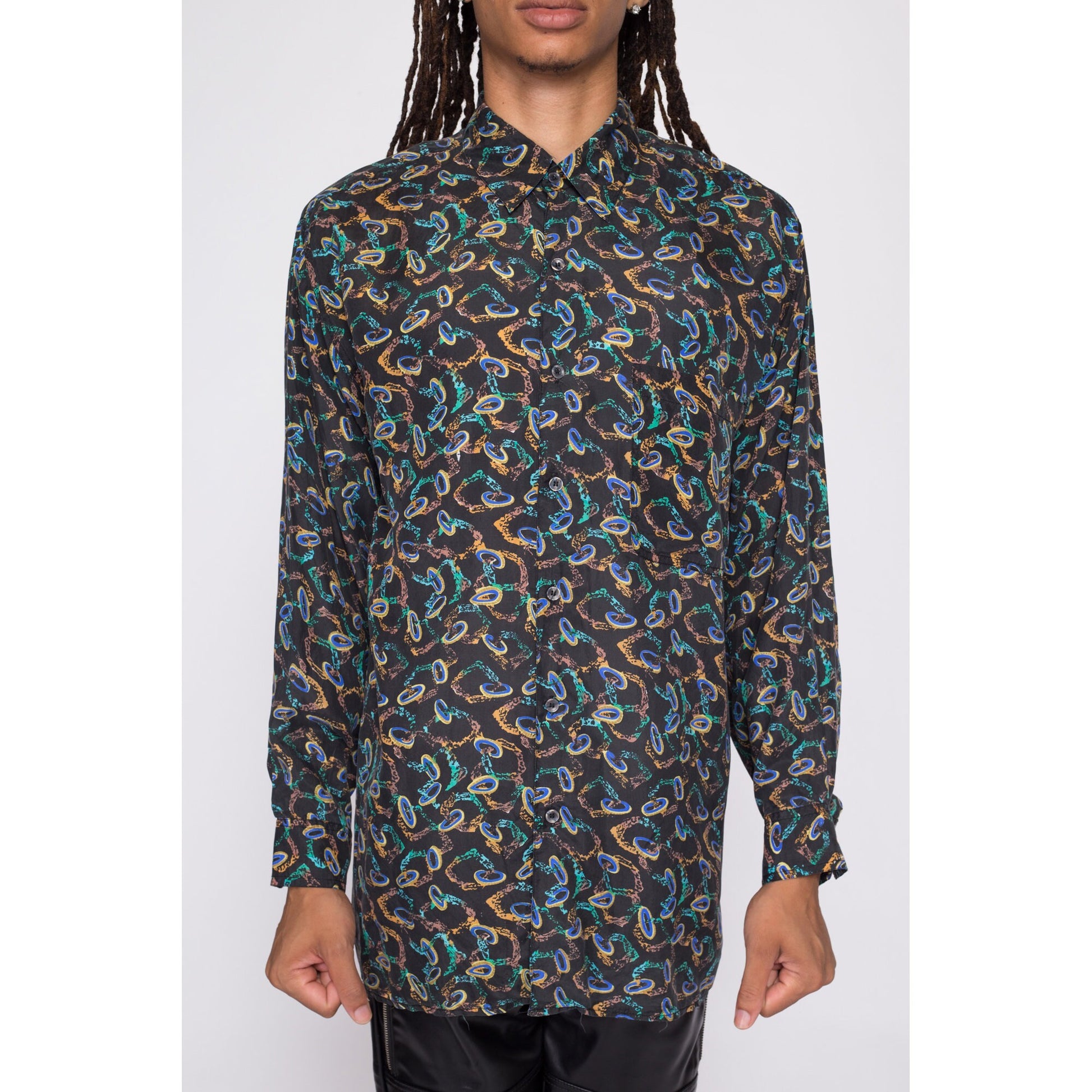 90s Silk Abstract Chain Print Shirt - Men's Medium | Vintage Robert Stock Long Sleeve Button Up Collared Top