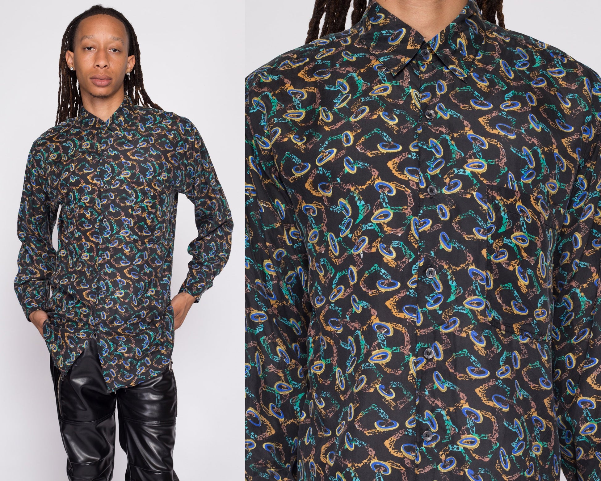 90s Silk Abstract Chain Print Shirt - Men's Medium | Vintage Robert Stock Long Sleeve Button Up Collared Top