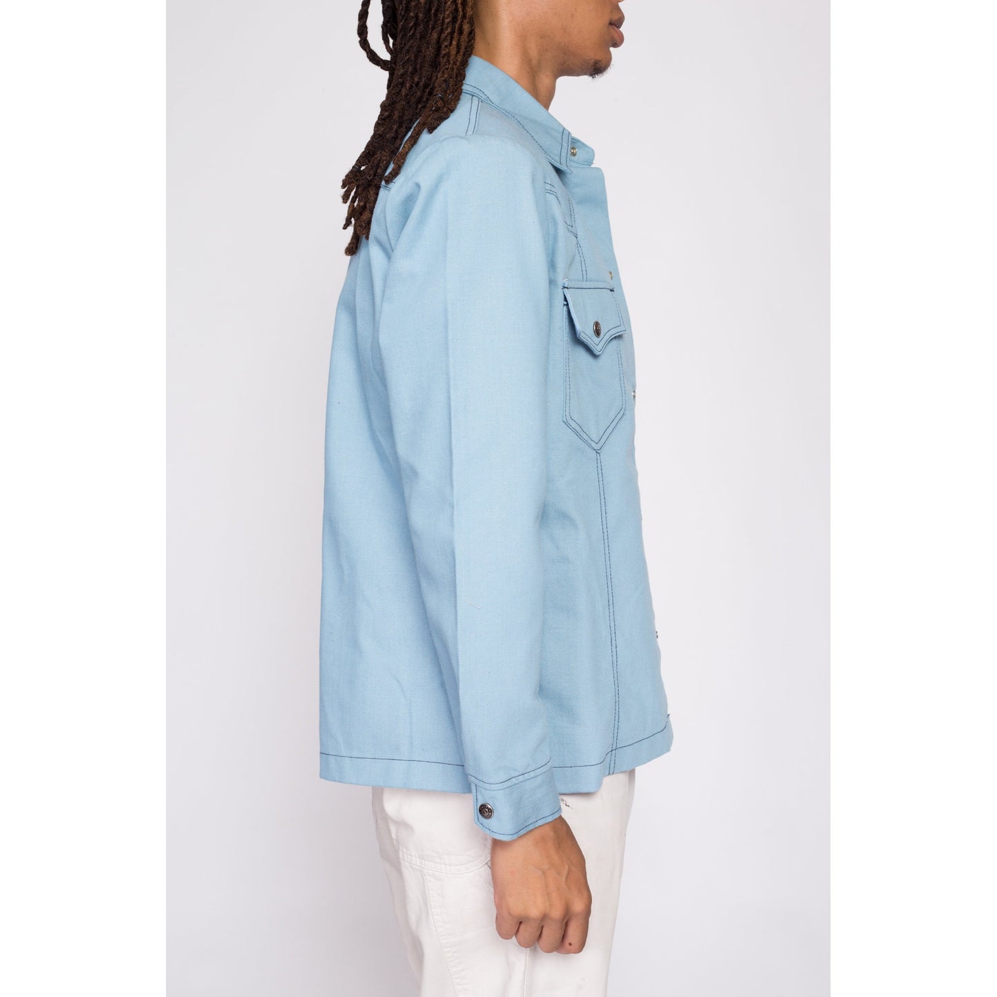 70s Light Blue Shirt Jacket - Men's Medium | Vintage Snap Button Denim Look Western Shacket Overshirt