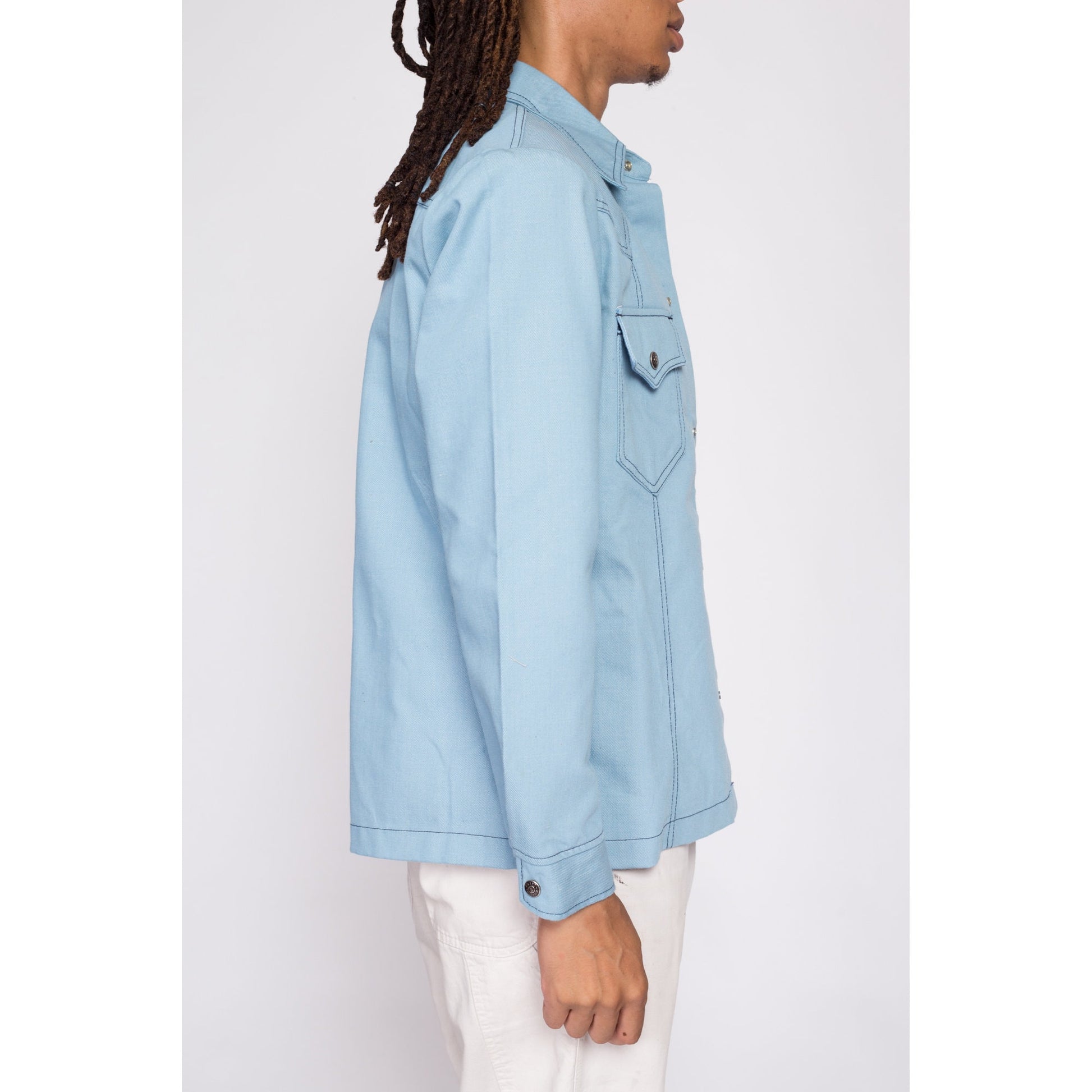 70s Light Blue Shirt Jacket - Men's Medium | Vintage Snap Button Denim Look Western Shacket Overshirt
