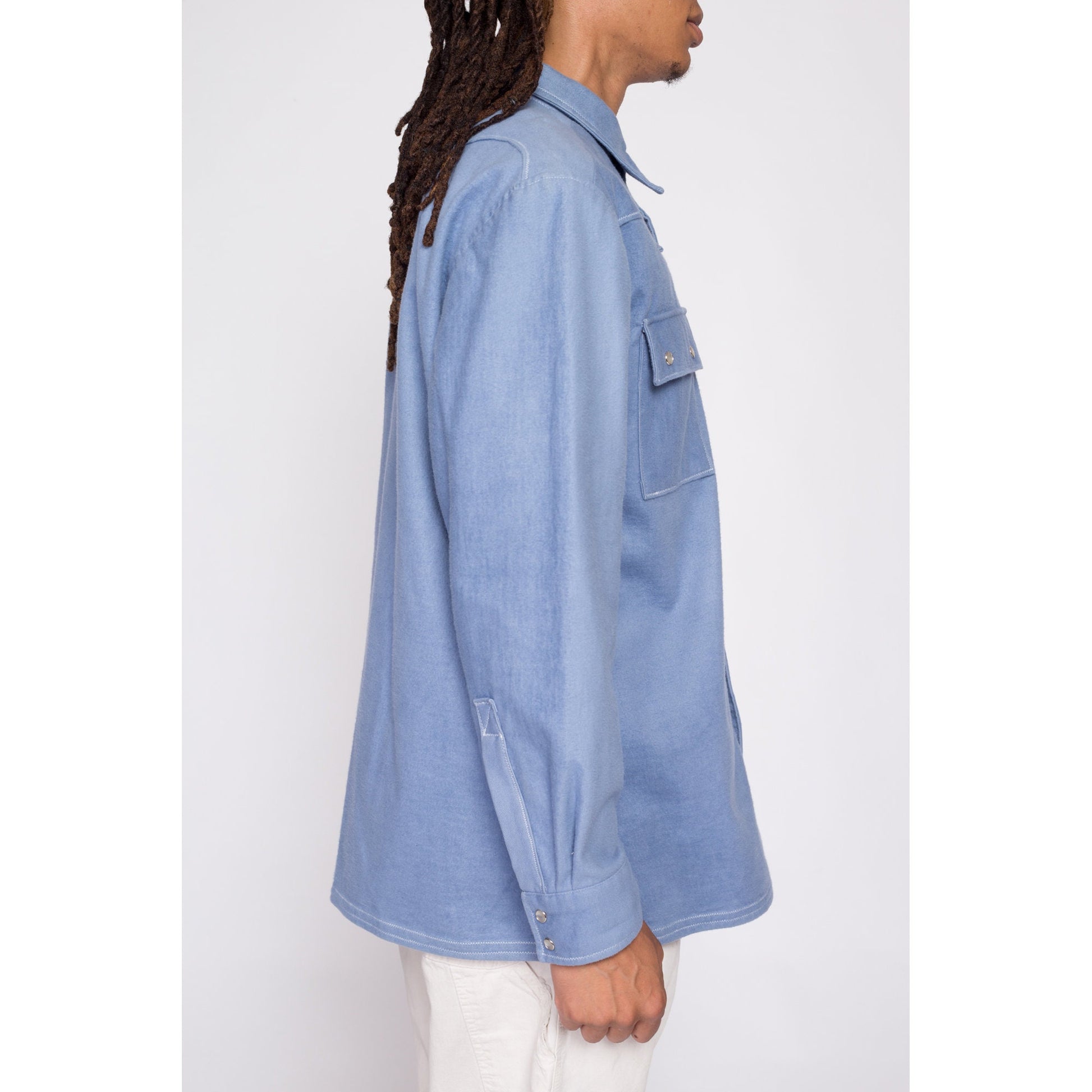 70s Blue Western Pearl Snap Shirt Jacket - Men's Large | Vintage Snap Button Denim Look Shacket Overshirt