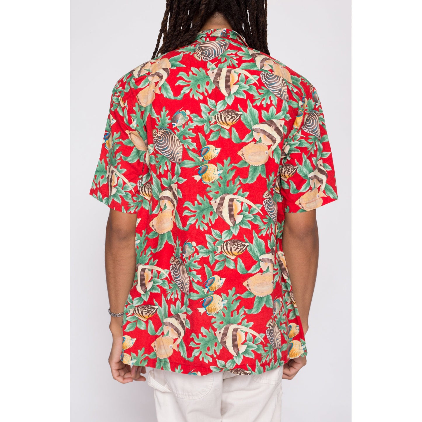 70s Hawaiian Tropical Fish Aloha Shirt - Men's Large | Vintage Red All Over Print Button Up Short Sleeve Top