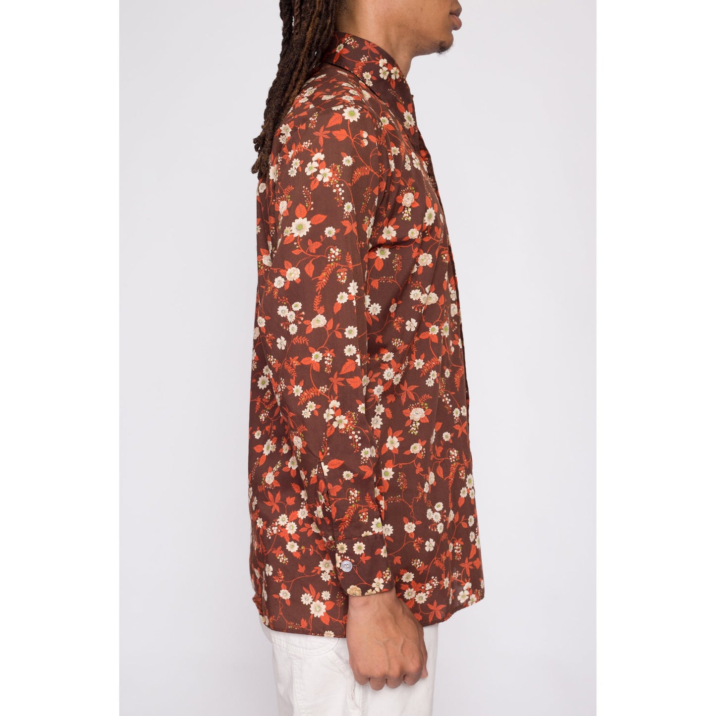 70s Brown Floral & Leaf Print Collared Shirt - Men's Medium | Retro Vintage Long Sleeve Button Down Disco Top