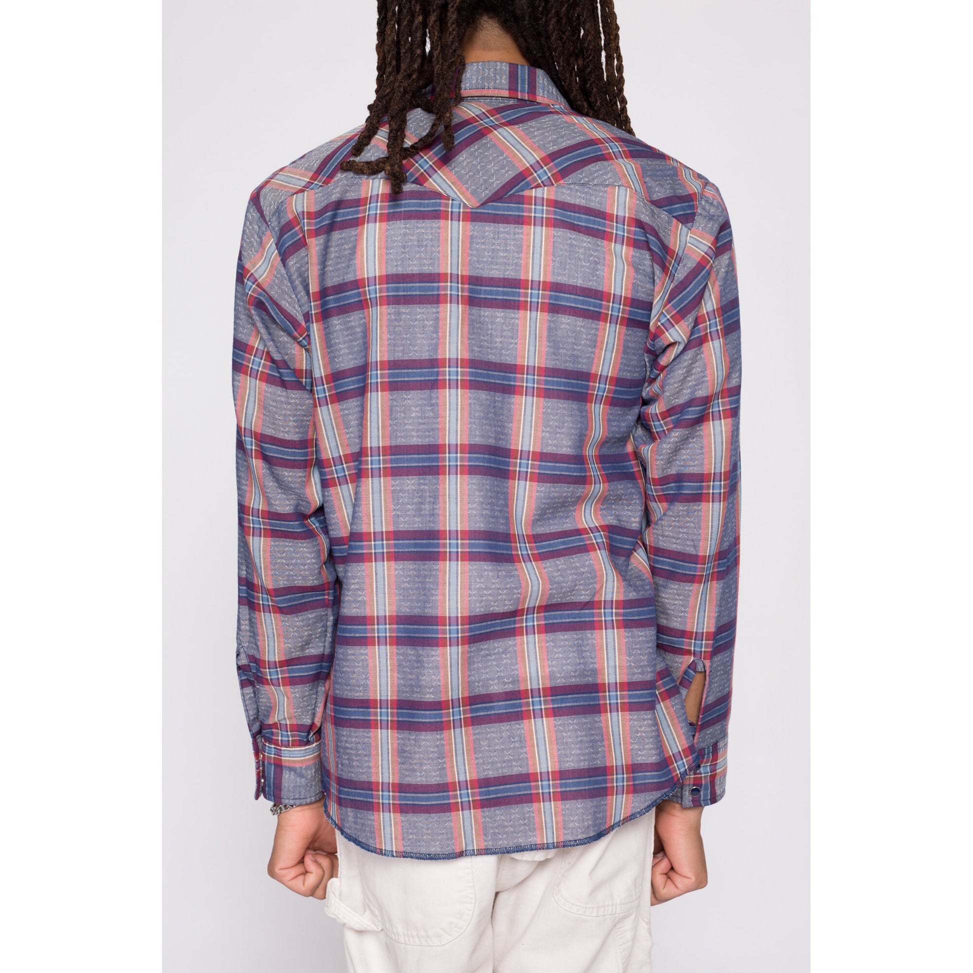 70s Wrangler Plaid Pearl Snap Shirt - Men's Medium | Vintage Blue Red Western Collared Long Sleeve Top