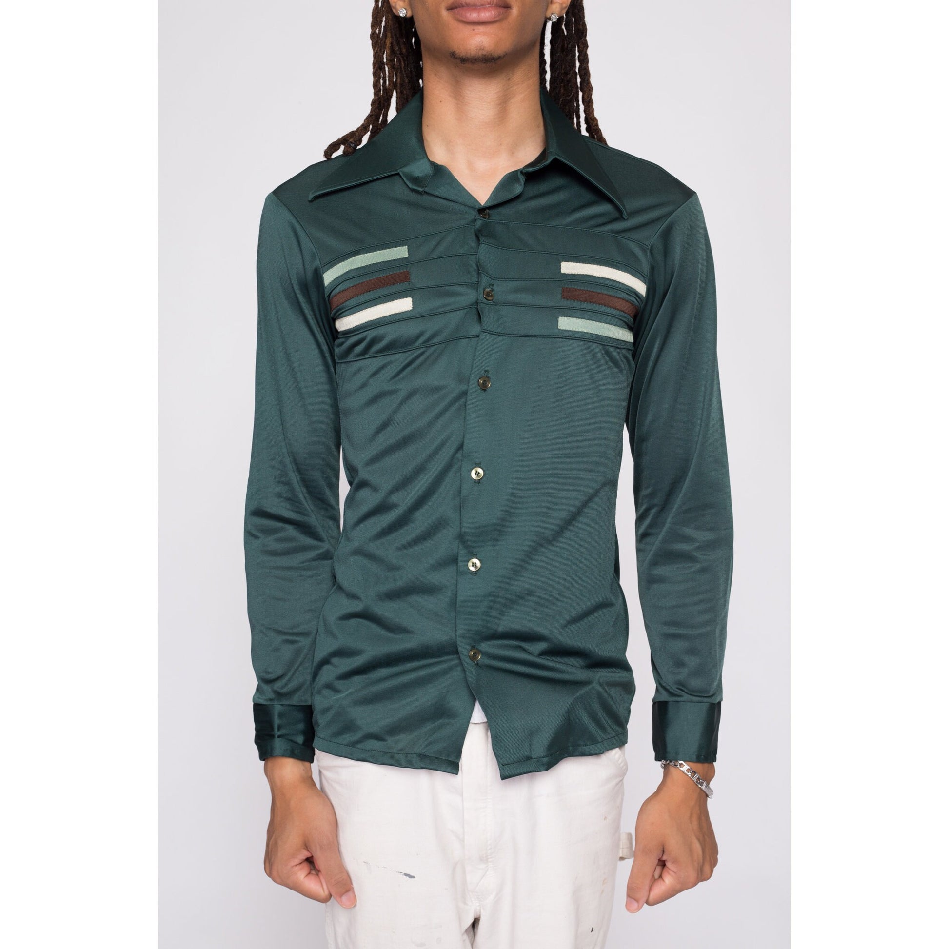 70s Green Striped Trim Disco Shirt - Men's XS | Retro Vintage Button Down Long Sleeve Top