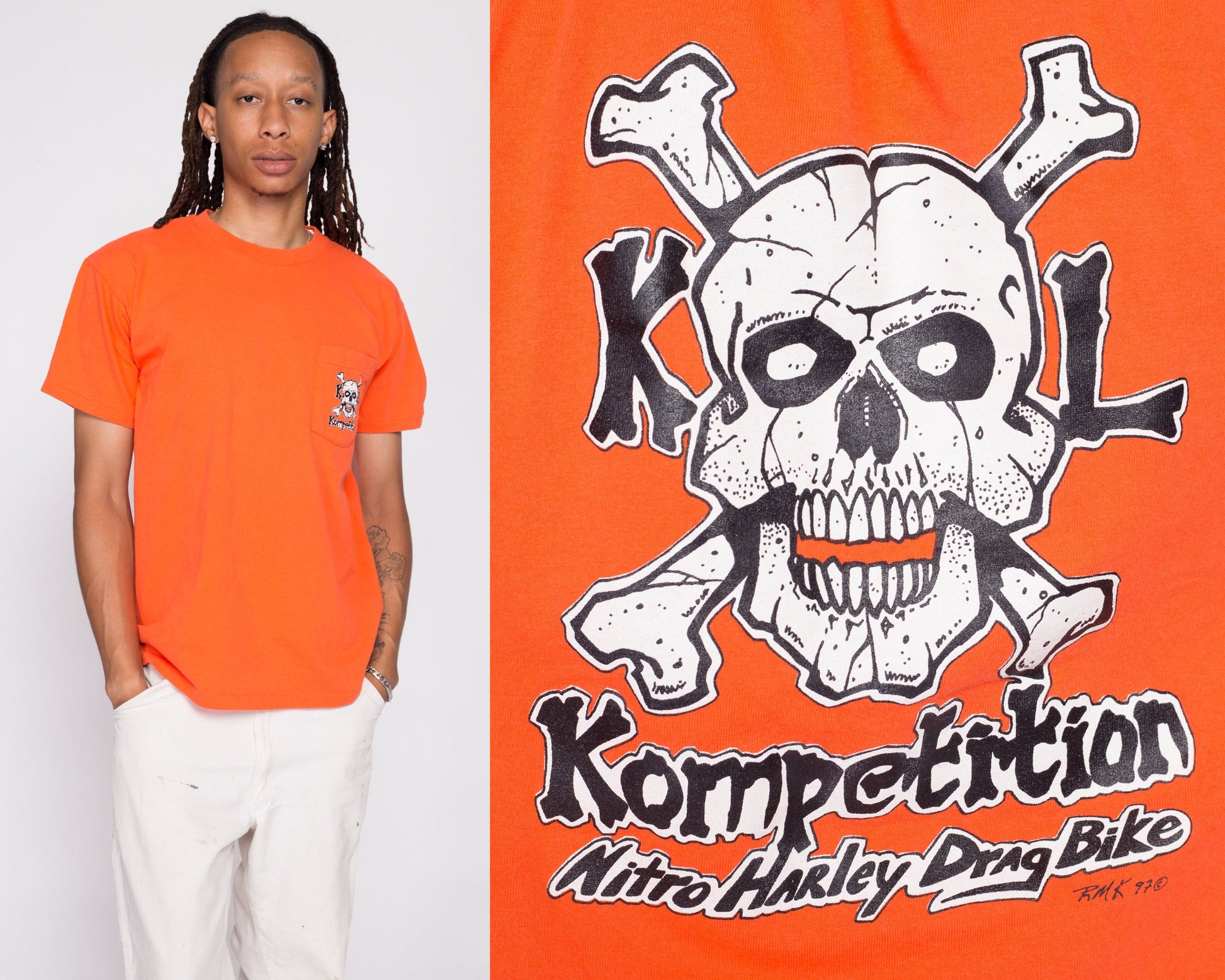 90s Nitro Harley Drag Bike Skull T Shirt - Men's Large | Vintage Orange Kool Kompetition Biker Racing Graphic Tee