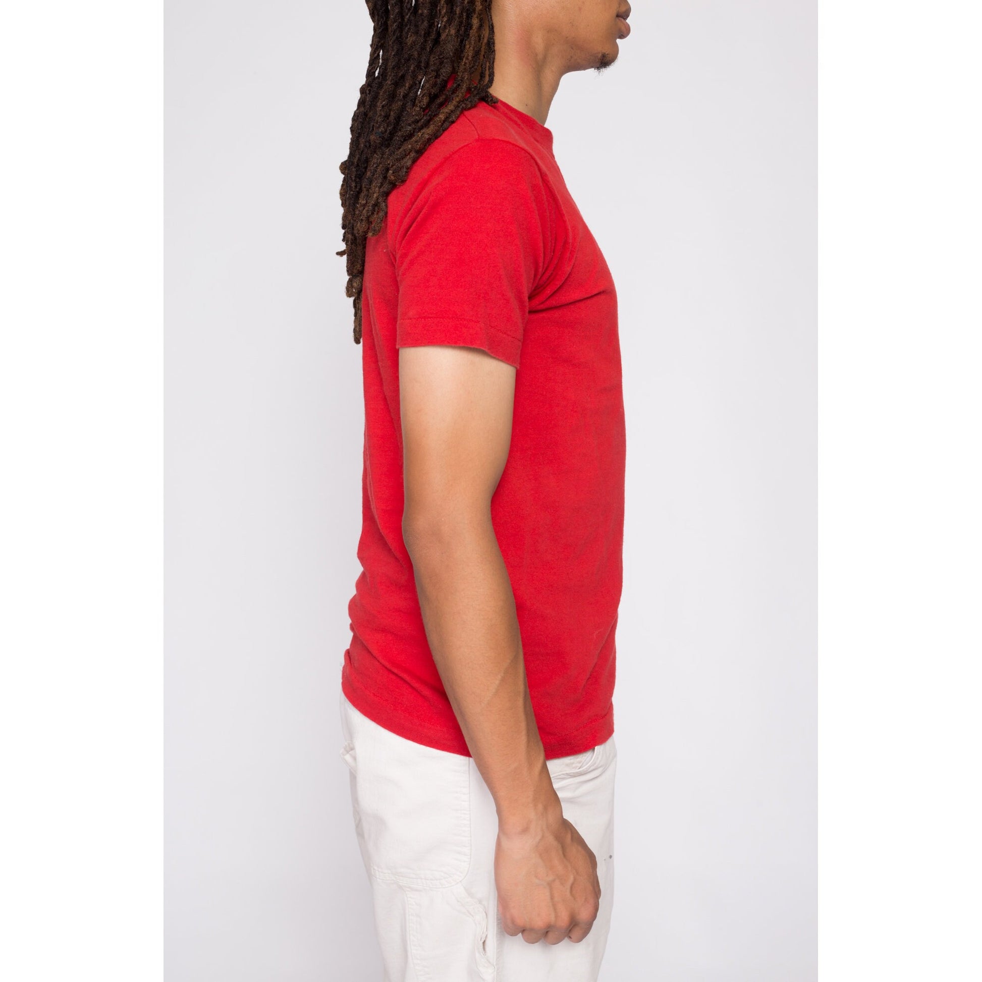 80s Plain Red Pocket Tee - Men's Small | Vintage Cotton Fruit Of The Loom Blank T-Shirt