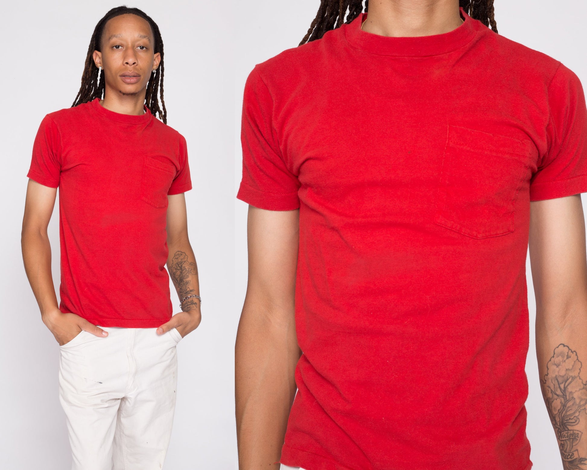 80s Plain Red Pocket Tee - Men's Small | Vintage Cotton Fruit Of The Loom Blank T-Shirt